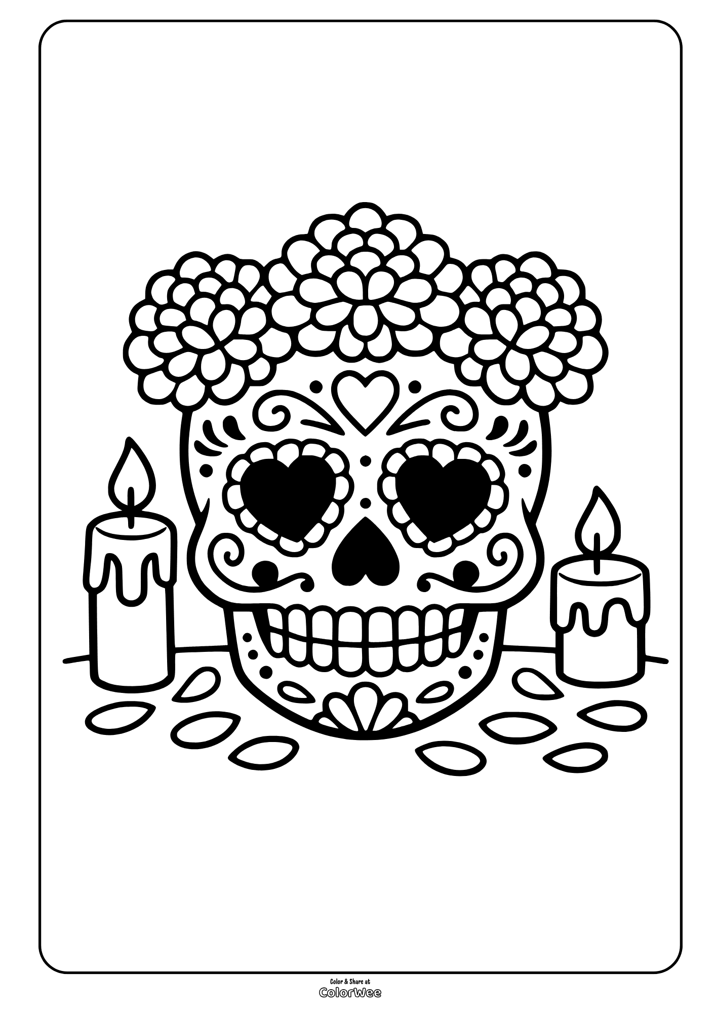 Day of the Dead sugar skull coloring sheet with candles and marigolds