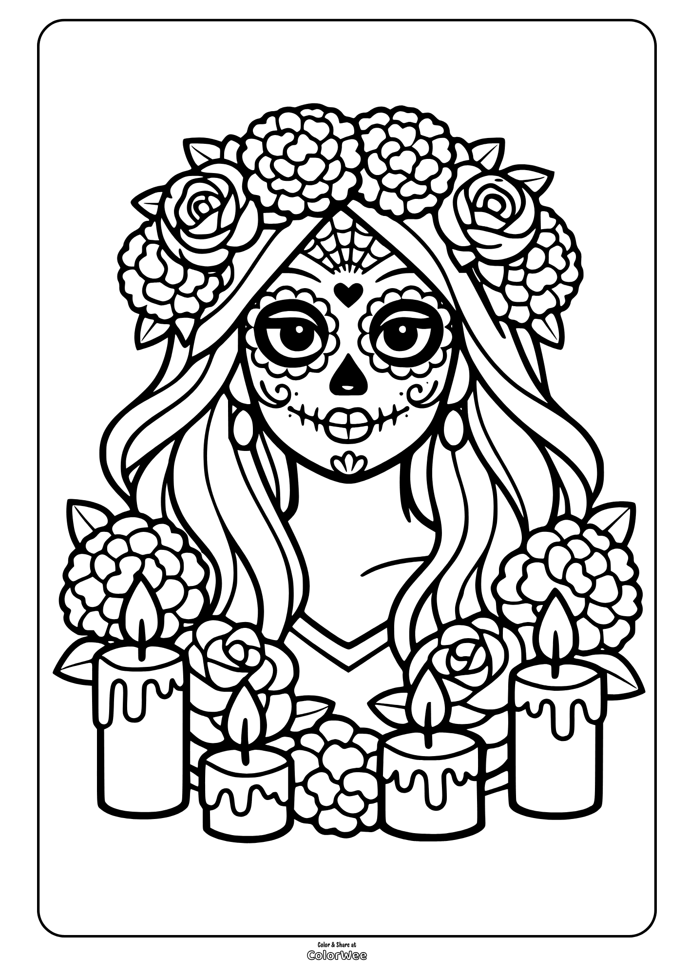 Day of the Dead sugar skull girl with flowers and candles coloring sheet