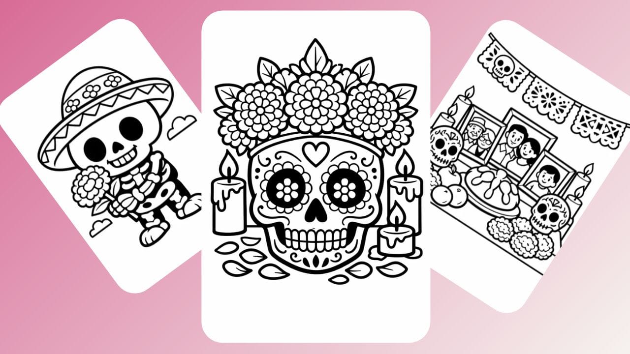 Day of the Dead coloring pages collection: skulls, celebrations and skeletons.