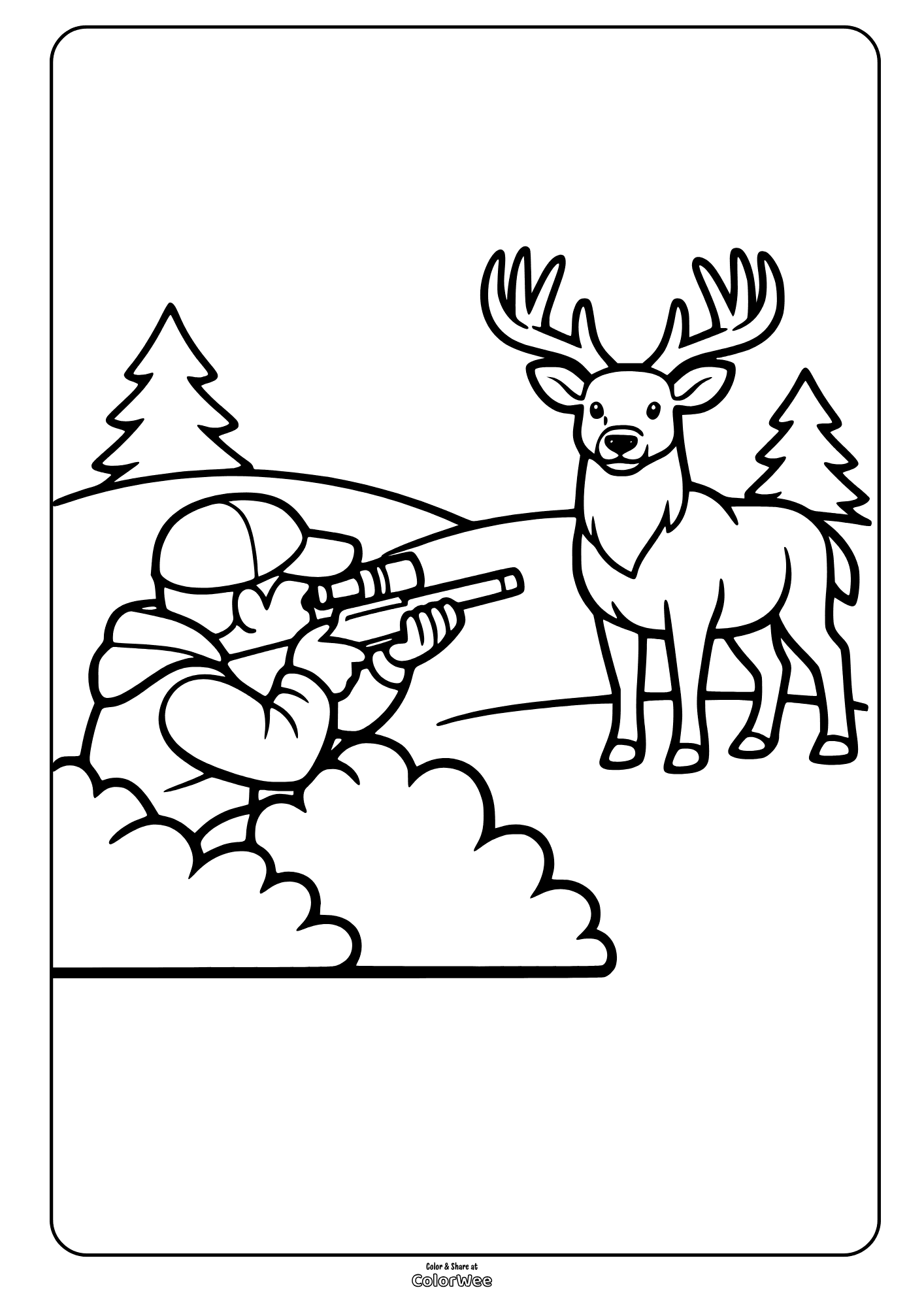 Hunter with rifle aiming at deer in forest coloring page