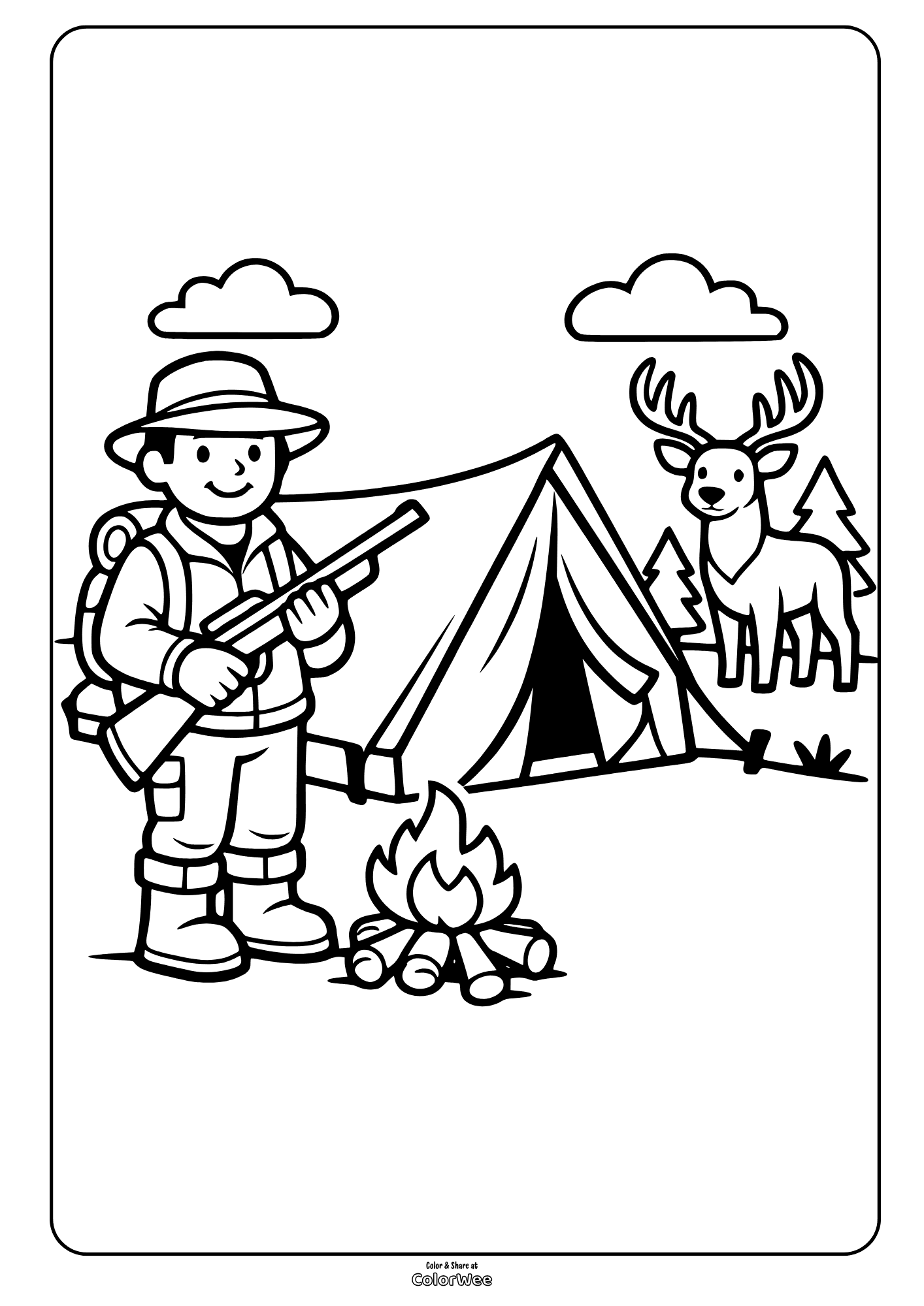 Hunter camping with deer and tent by campfire coloring page
