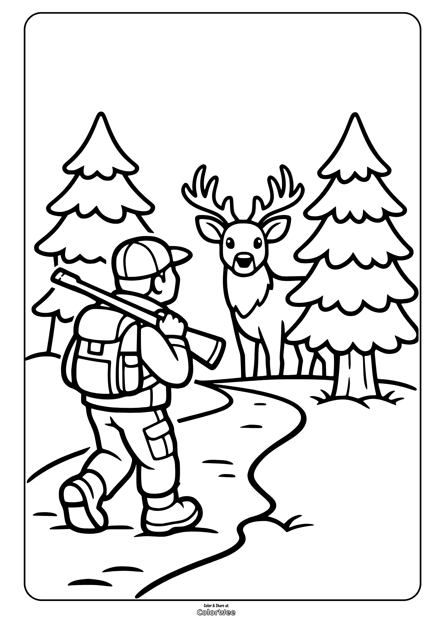 Hunter and deer in pine forest trail coloring page