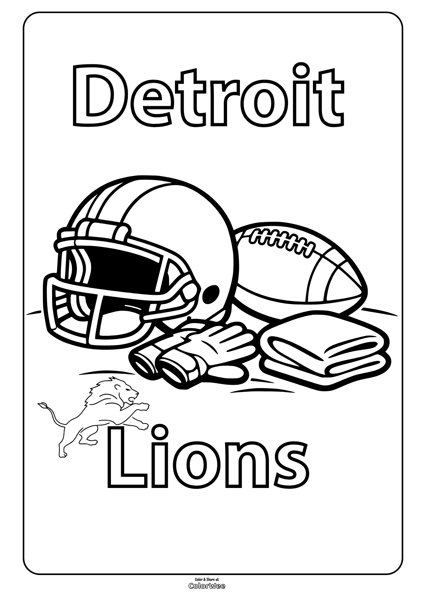 Detroit Lions coloring sheet with football helmet, ball, gloves and towel