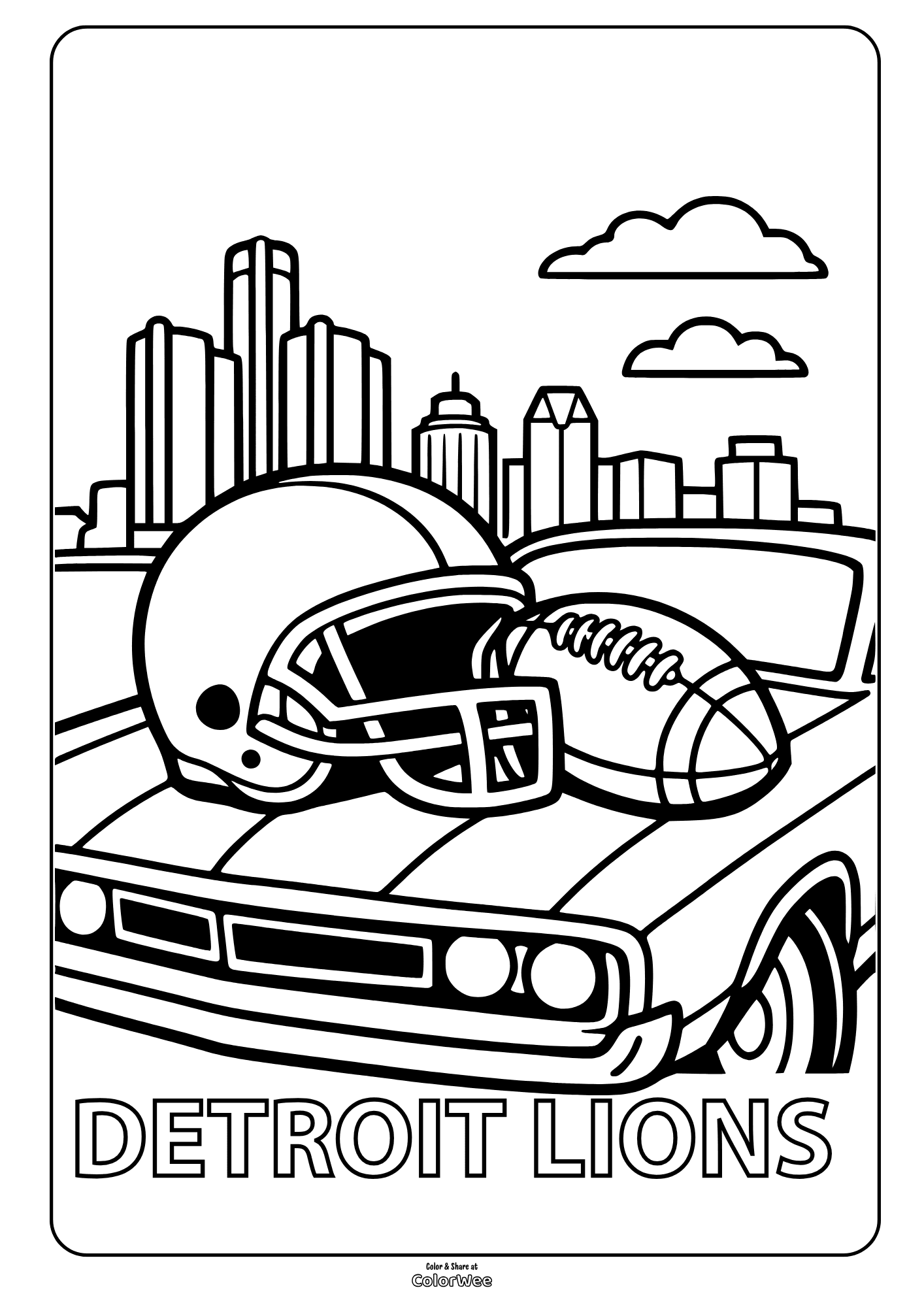 Detroit Lions football helmet and ball coloring sheet with Detroit city skyline
