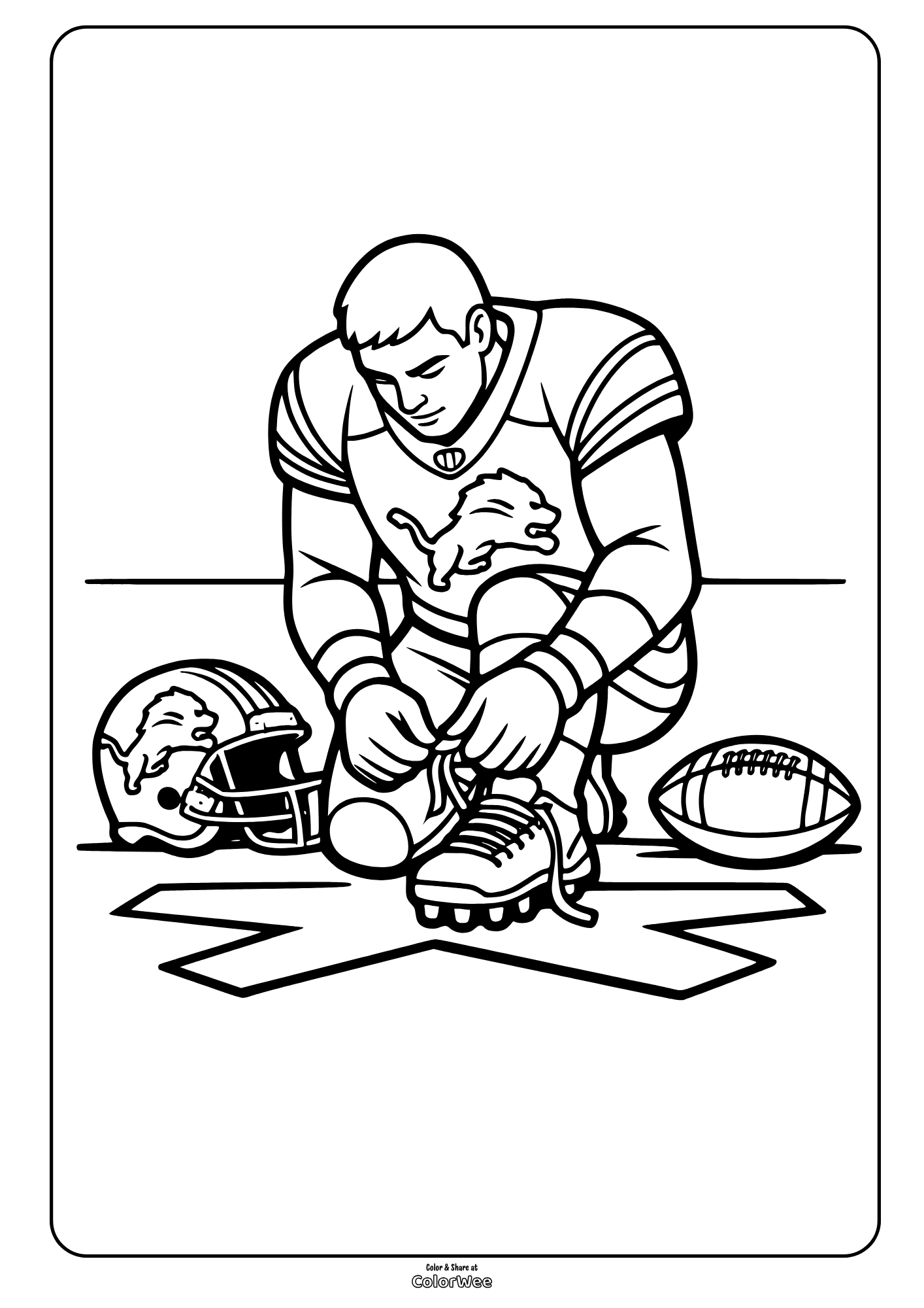 Football player tying cleats with helmet and ball - Detroit Lions coloring sheet