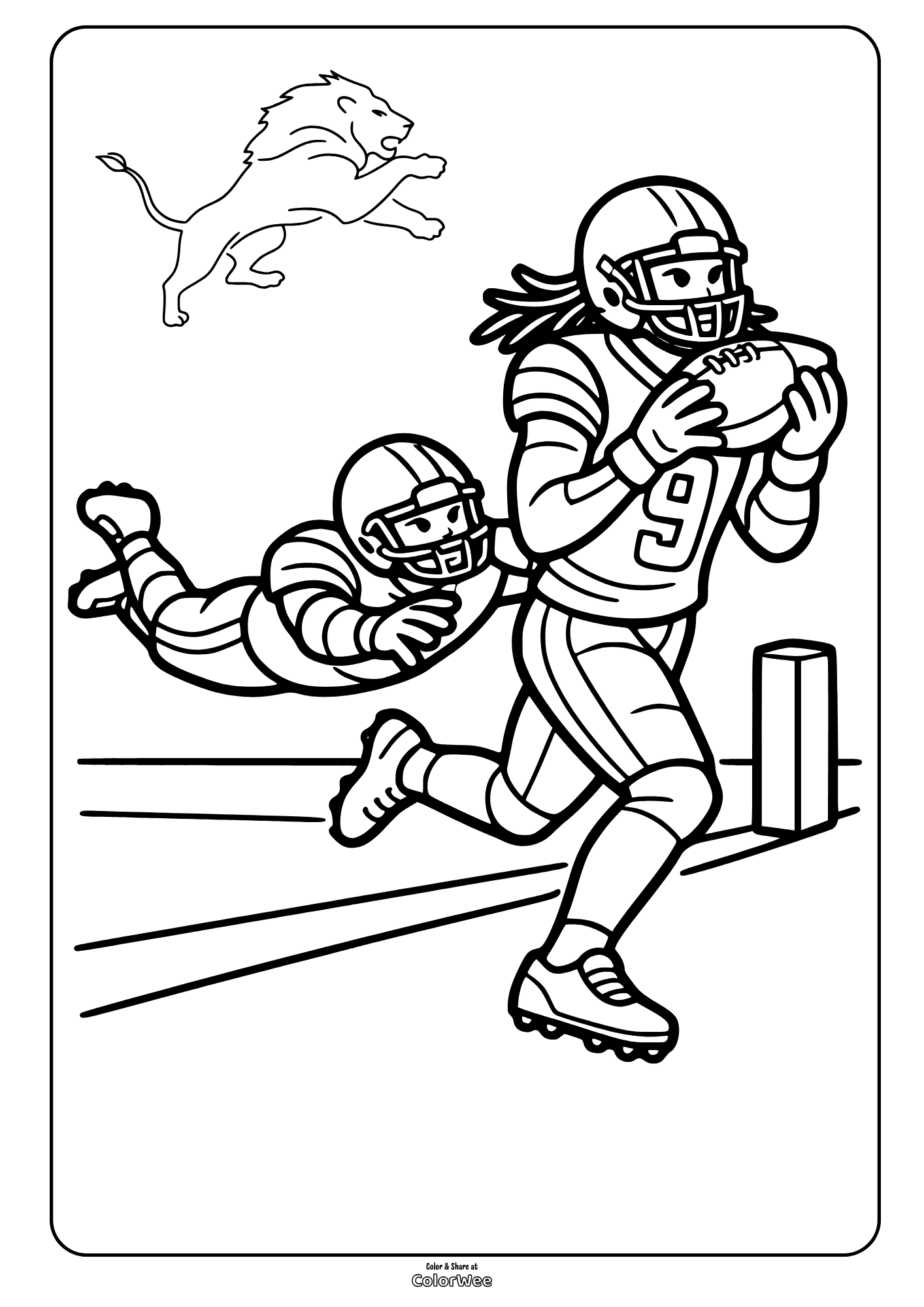 Football touchdown chase coloring sheet with receiver and diving defender