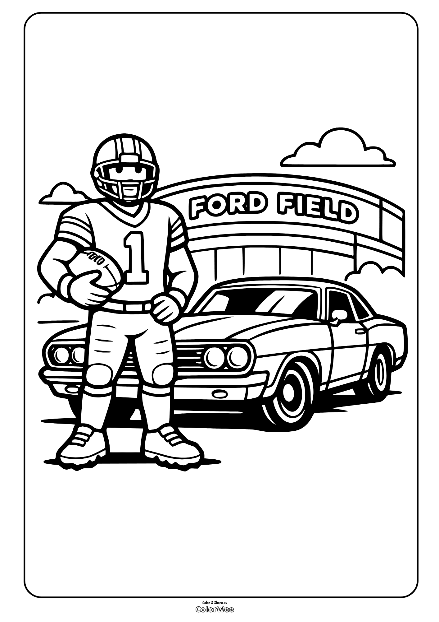 Detroit Lions football player, classic car at Ford Field coloring sheet