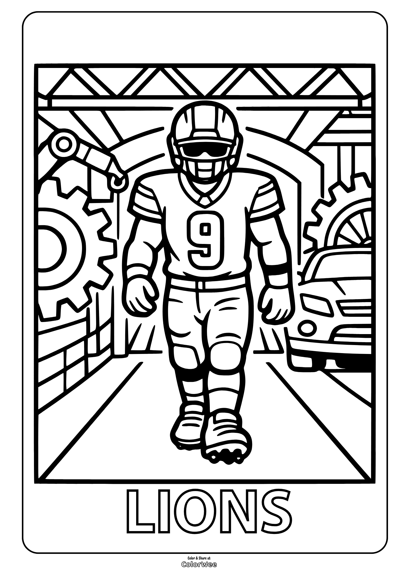 Lions football player in auto factory tunnel coloring sheet number 9