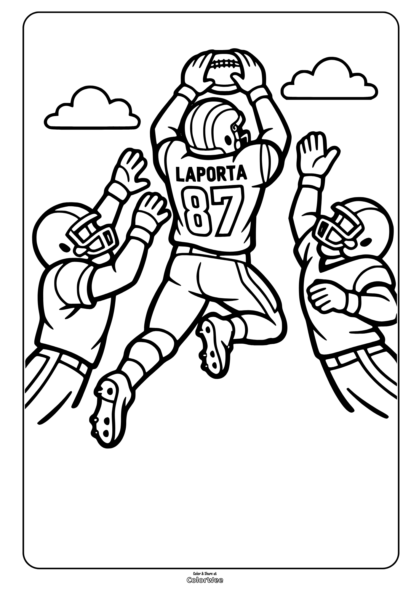 Football coloring sheet: Laporta makes a leaping catch with defenders