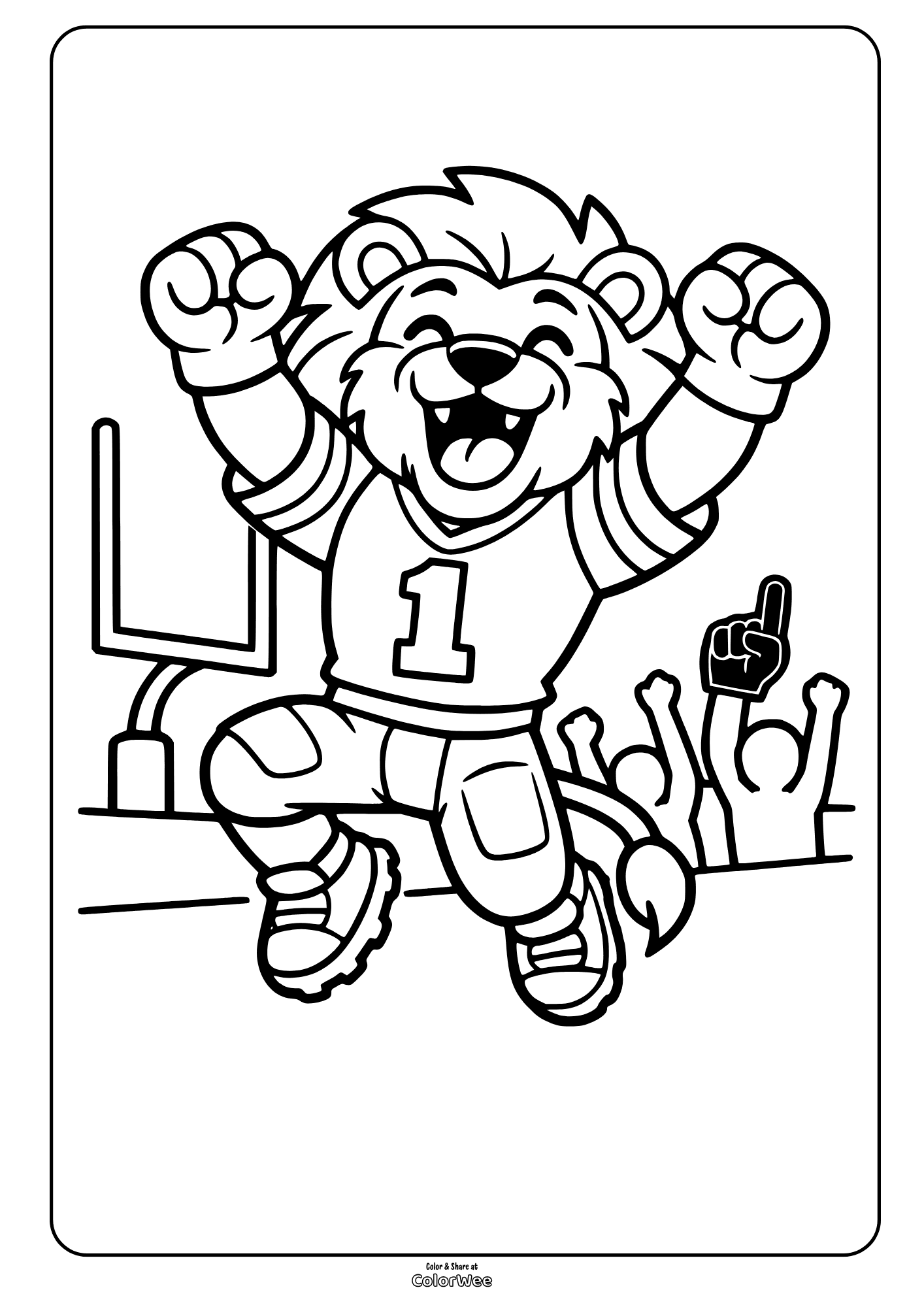 Detroit Lions football mascot " Roary" celebrating touchdown coloring sheet for kids