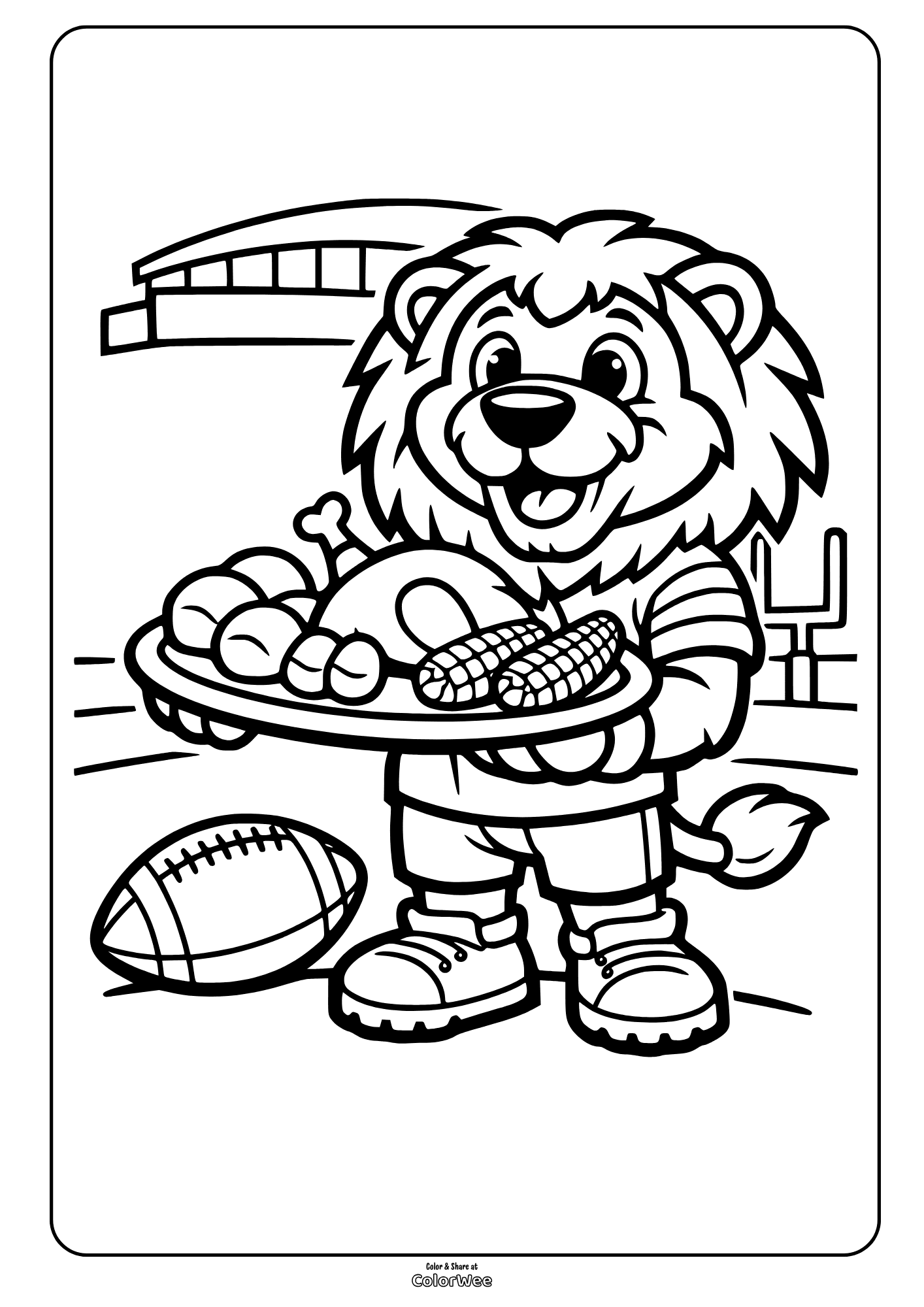 Detroit Lions football Thanksgiving feast coloring sheet with Roary mascot