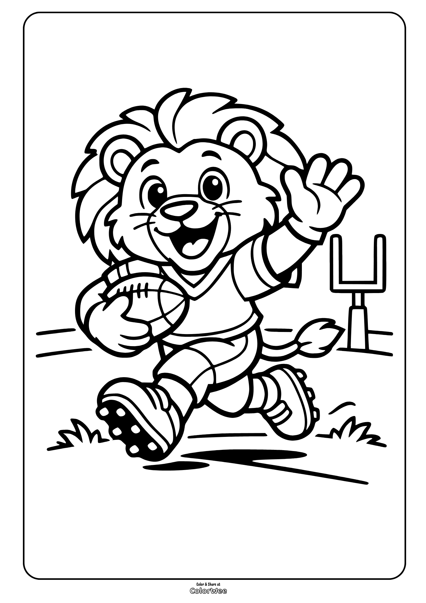 Lion Roary playing football coloring sheet for kids, touchdown at goalpost