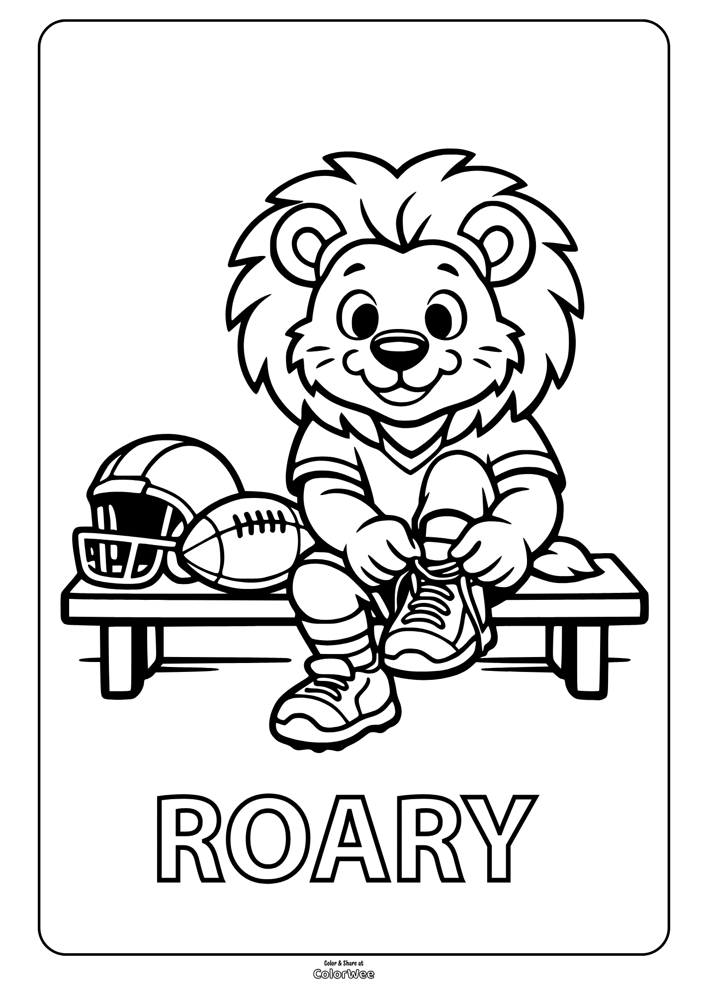 Roary lion mascot with football gear coloring sheet for kids to print
