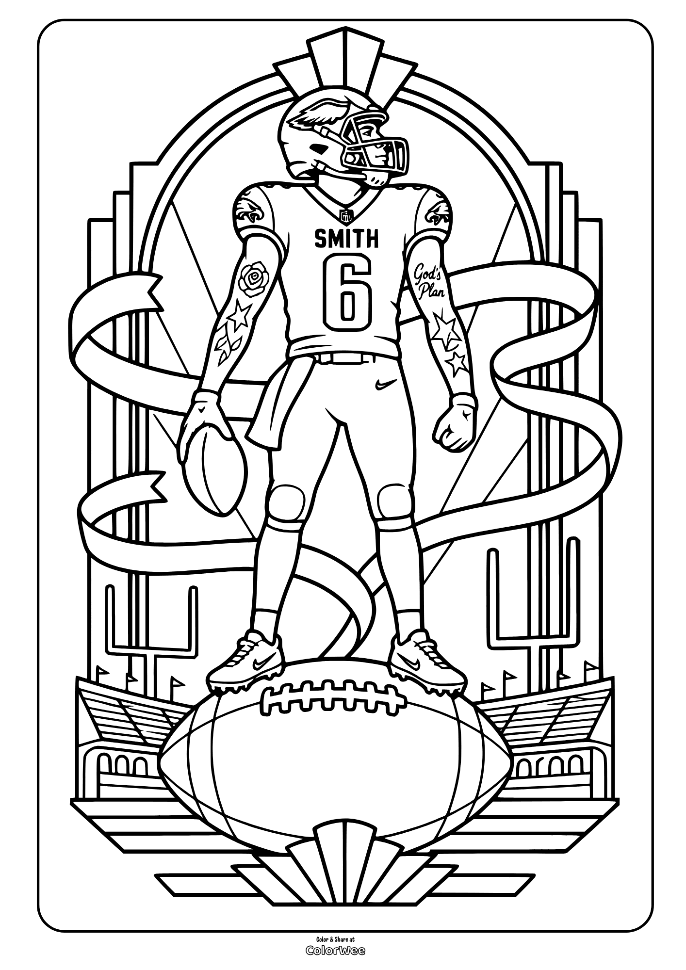 Football player Smith wearing number 6 holds a football in a stadium coloring page