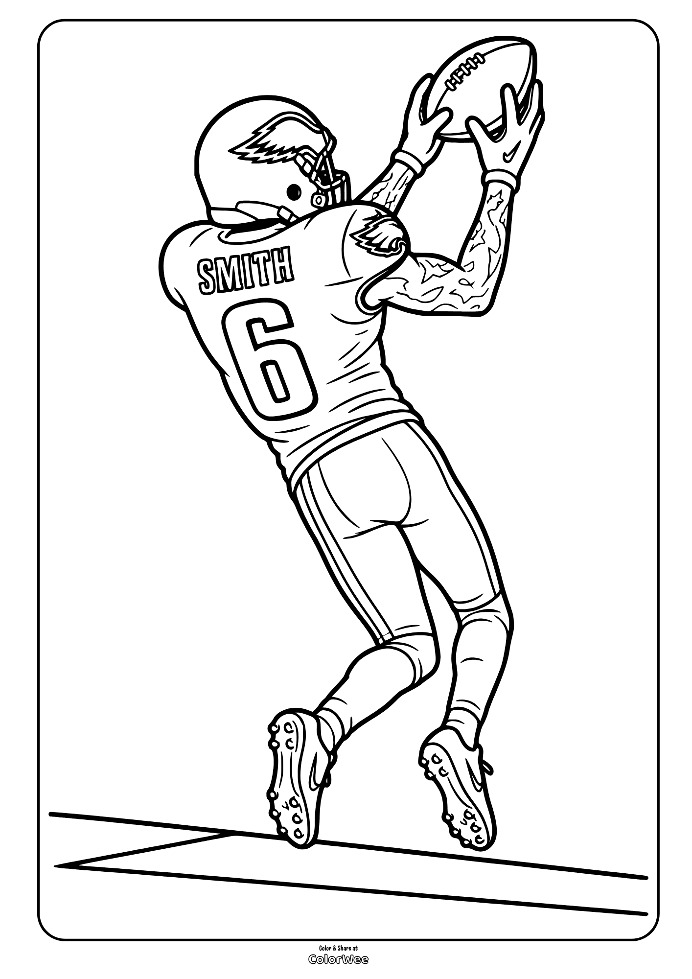 Football player Smith from Philadelphia Eagles wearing number 6 reaching for a football coloring page