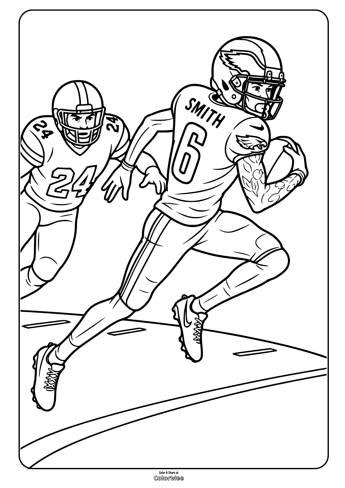Football players Smith and number 24 running on a field coloring page