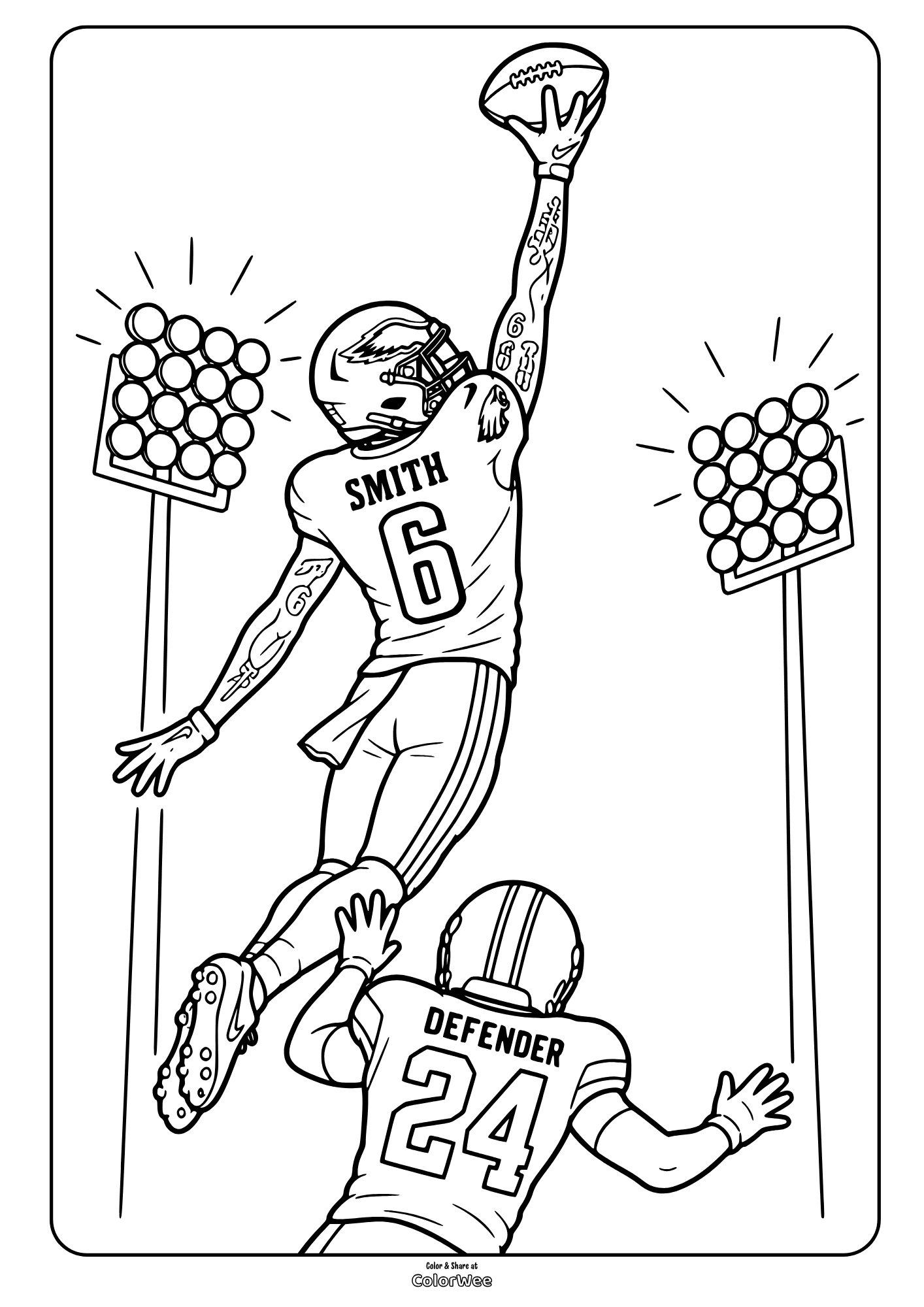 American football coloring sheet featuring a player in jersey number 6 leaping to catch the ball over a defender wearing number 24, with stadium lights in the background.