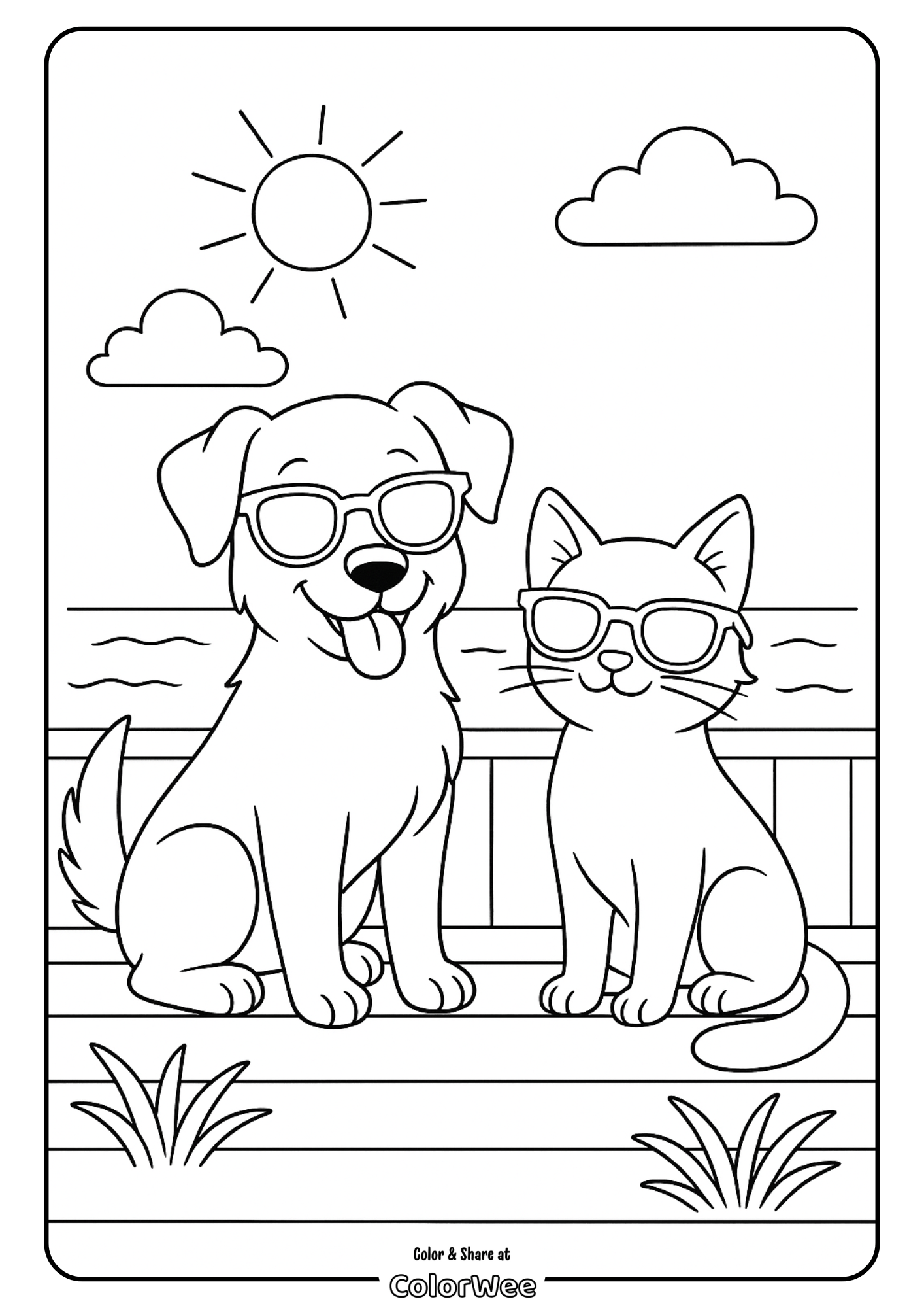 Dog and cat in sunglasses by the beach, sunny day coloring page.