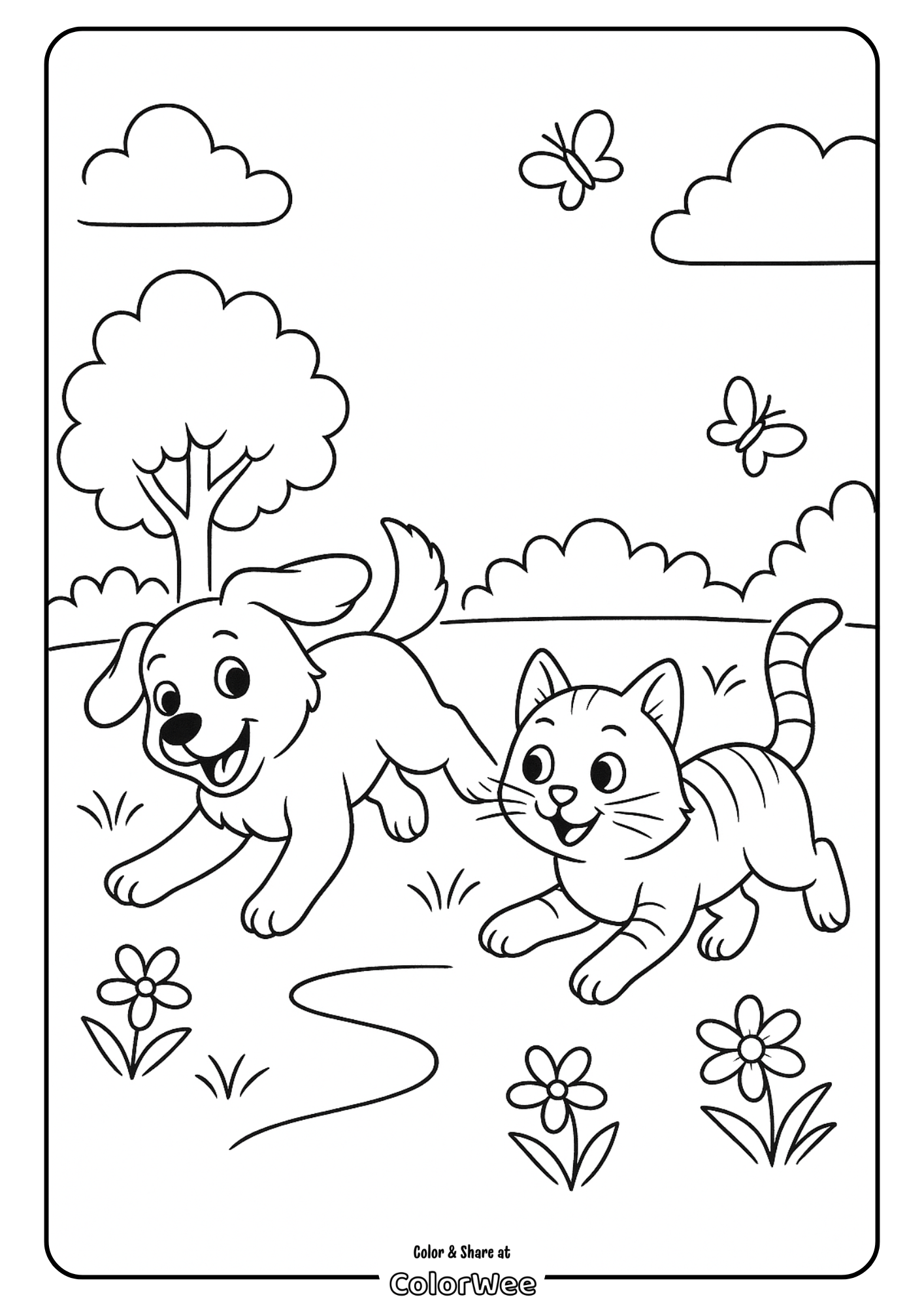 Friendly dog and cat playing in a garden coloring page.
