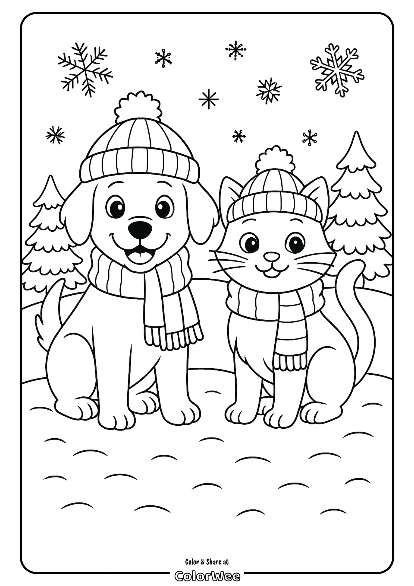 Winter dog and cat coloring page with snow and trees.