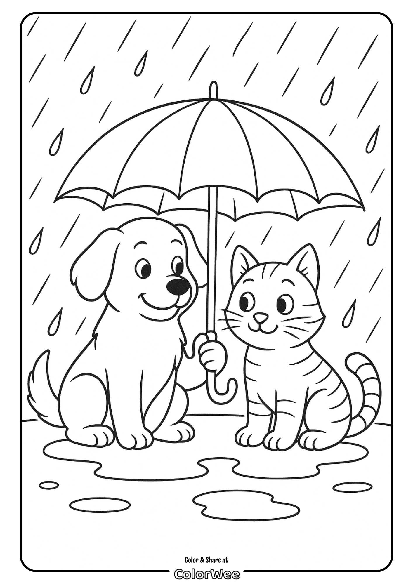 Cute dog and cat under an umbrella in the rain coloring page.