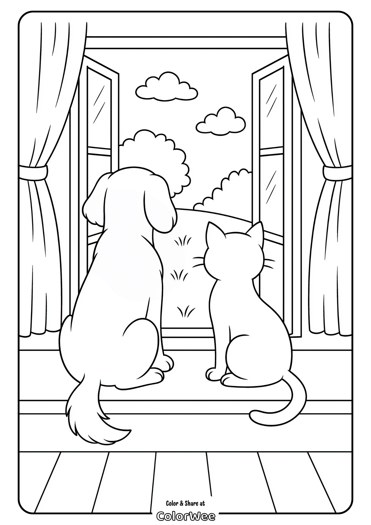 Dog and cat looking out window coloring page.