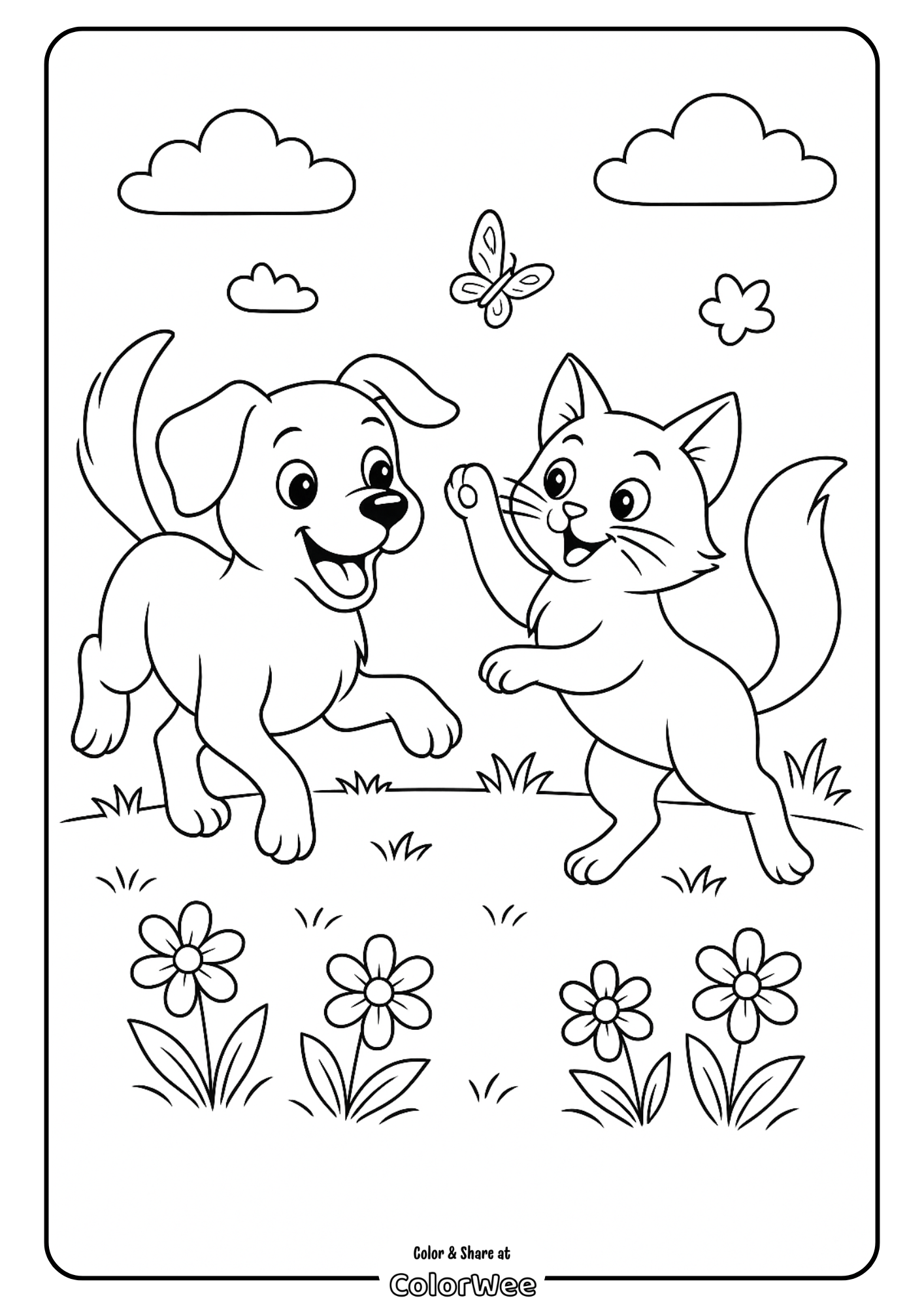 Cat and dog playing in garden coloring page.