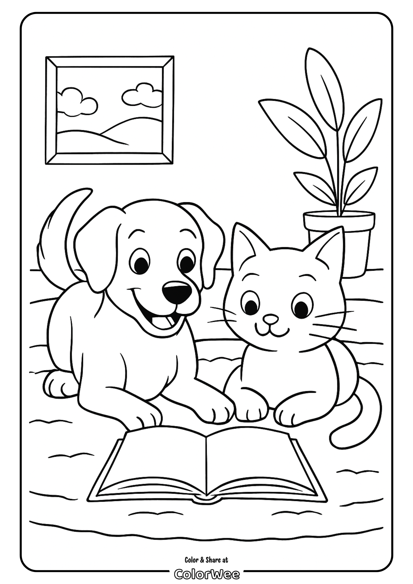 Cute dog and cat reading a book indoors coloring page.