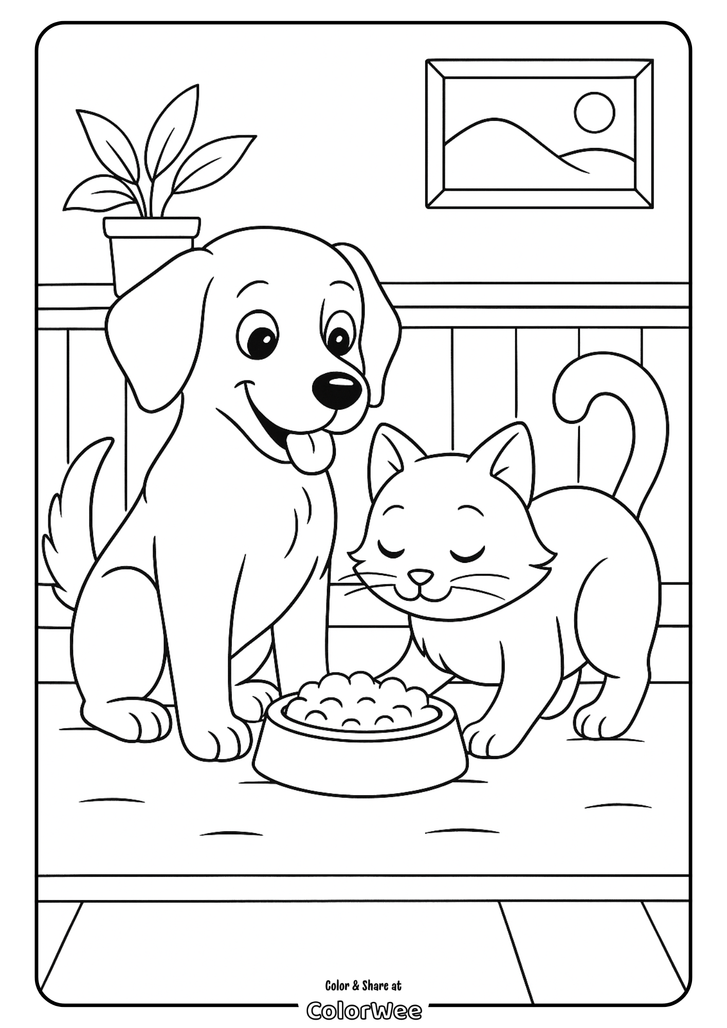 Dog and cat coloring page: cute pets by food bowl.