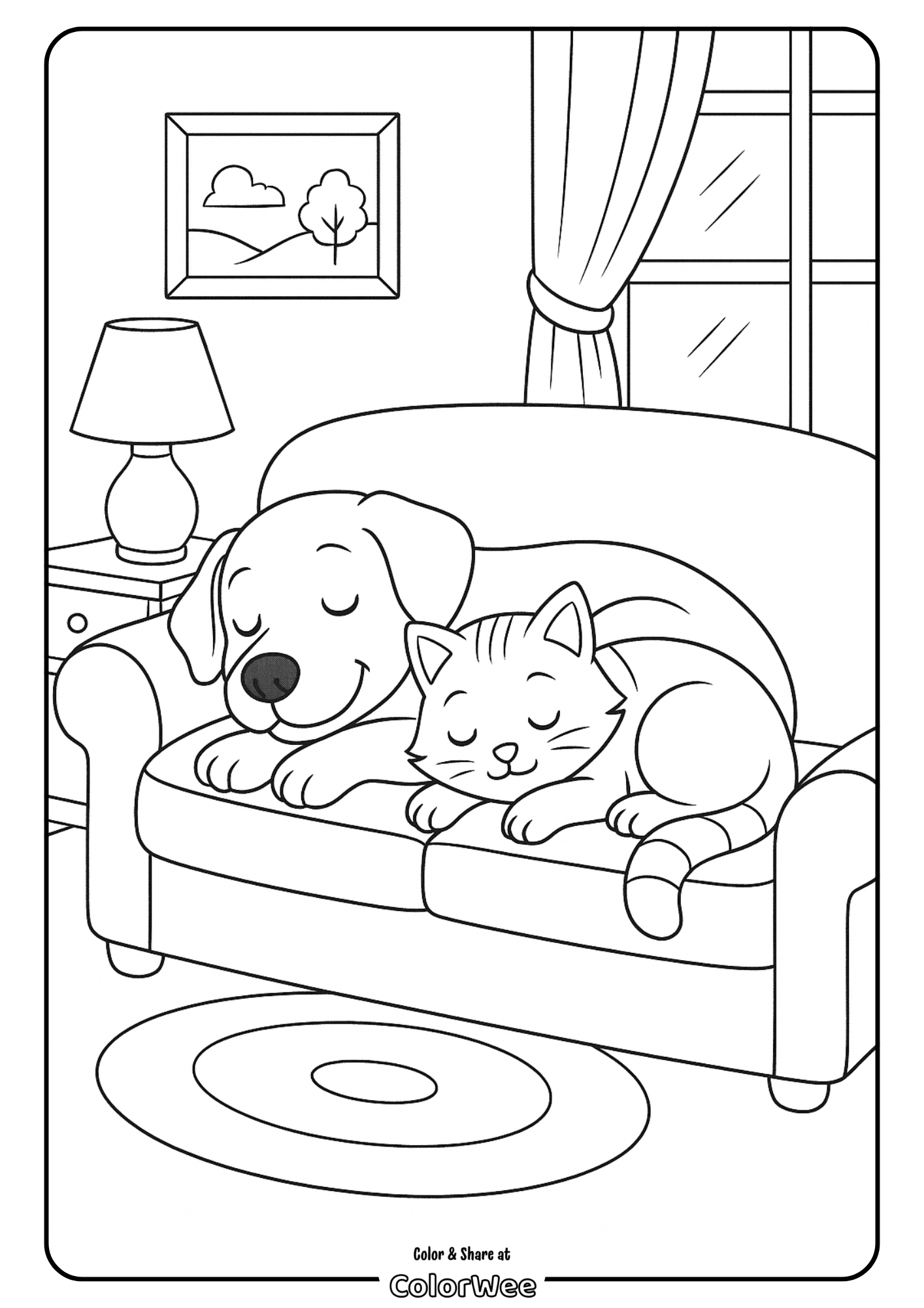 Dog and cat peacefully sleeping on a cozy couch coloring page.
