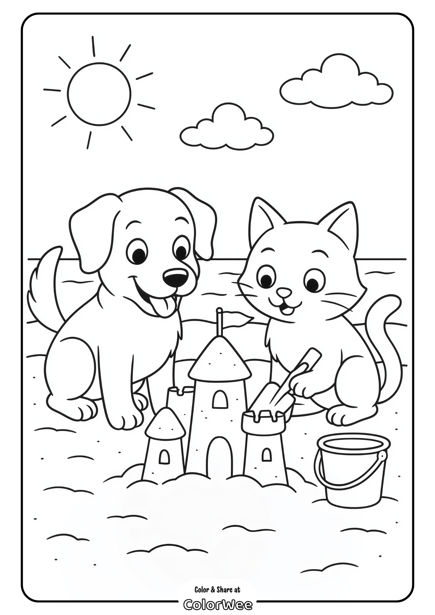 Dog and cat building sandcastle on sunny beach coloring page.