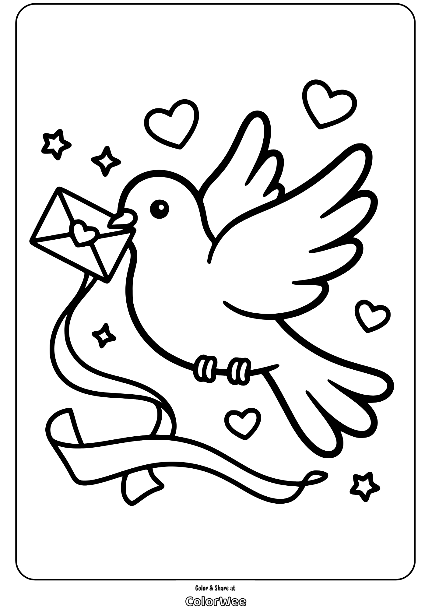 Dove bird with love letter coloring page with hearts and stars.