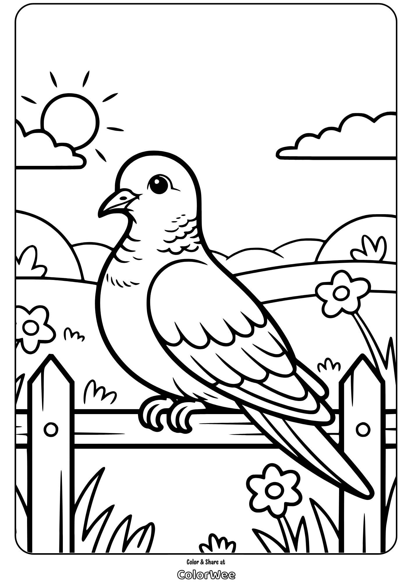 Dove bird on fence coloring page with sunny countryside background.