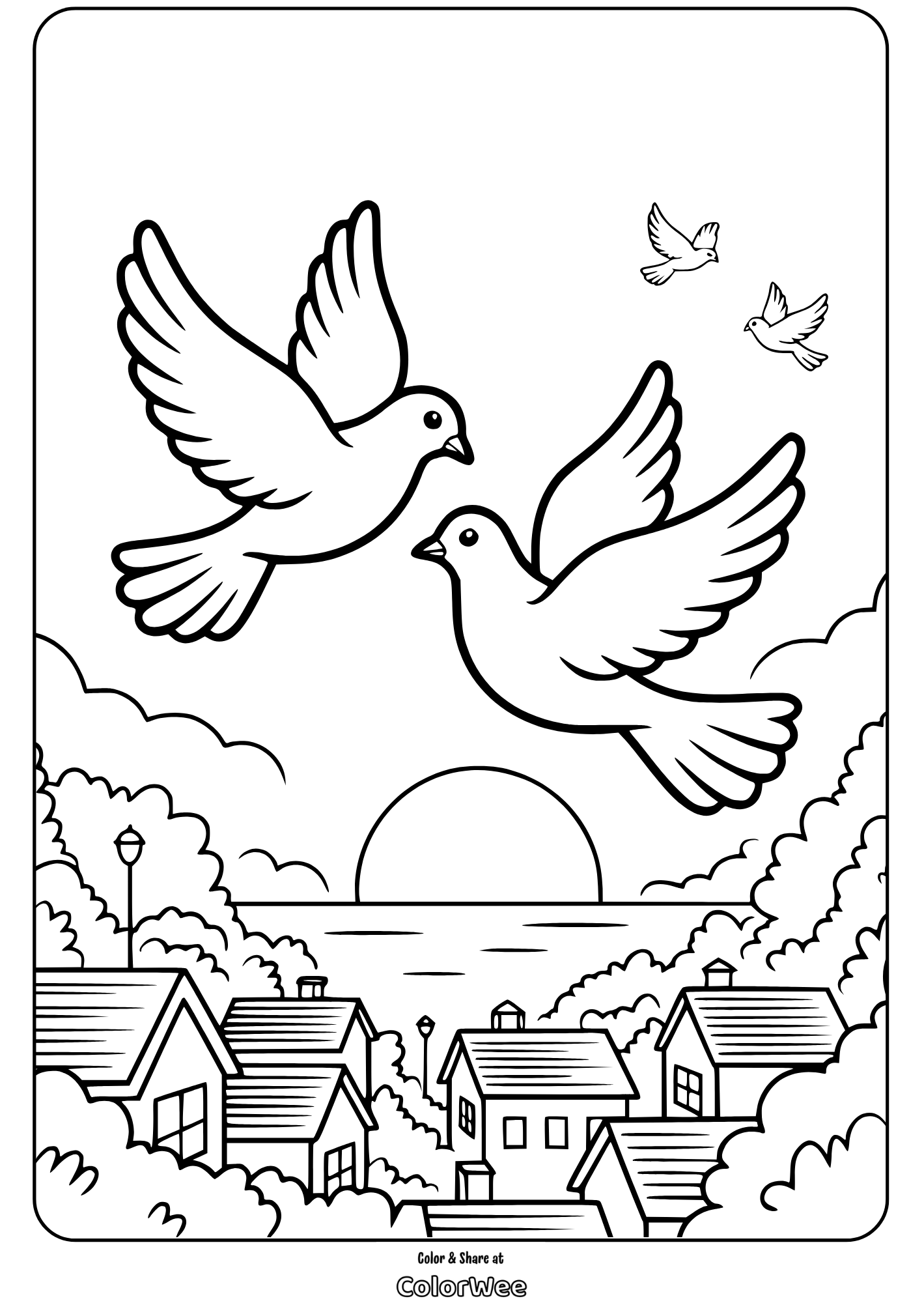 Two dove birds flying over village at sunset coloring page.