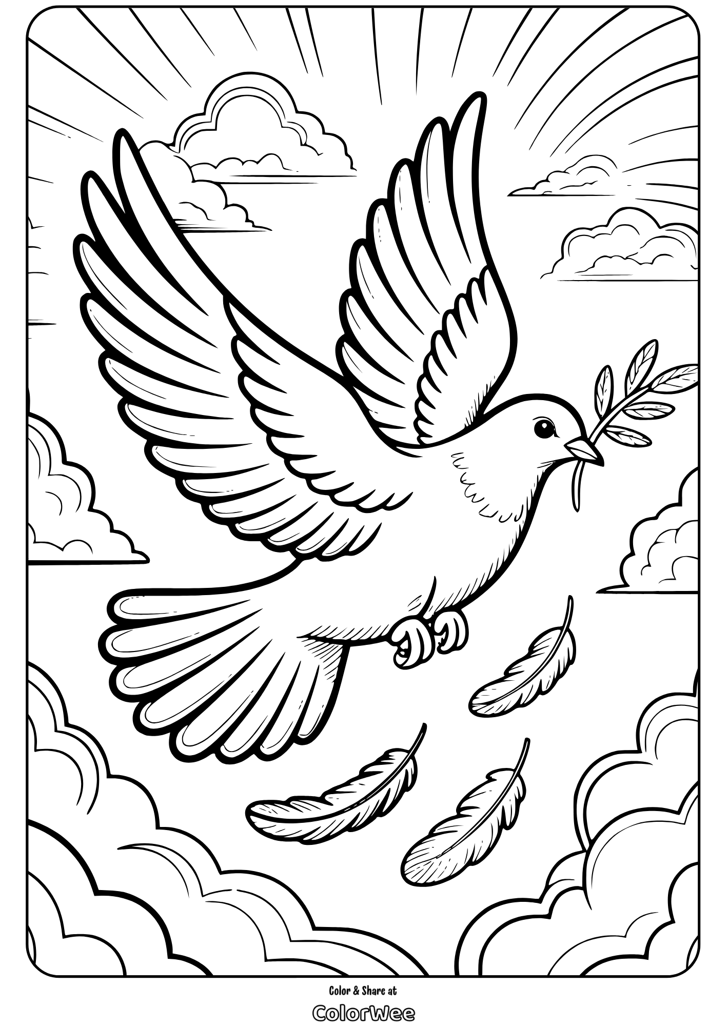 Dove bird with olive branch coloring page for kids. Clouds and feathers in sky.