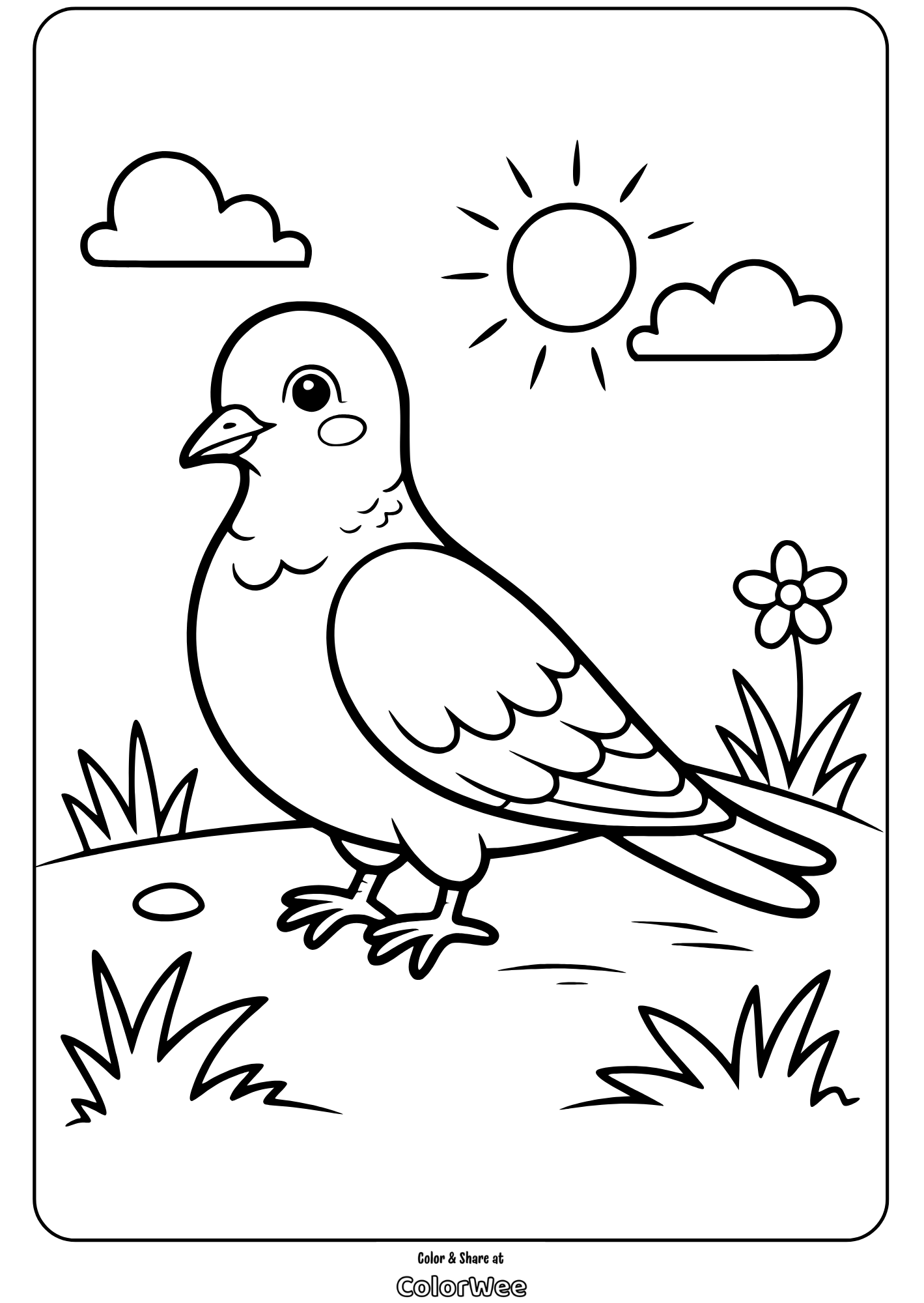 Dove bird coloring page with sun and clouds background.