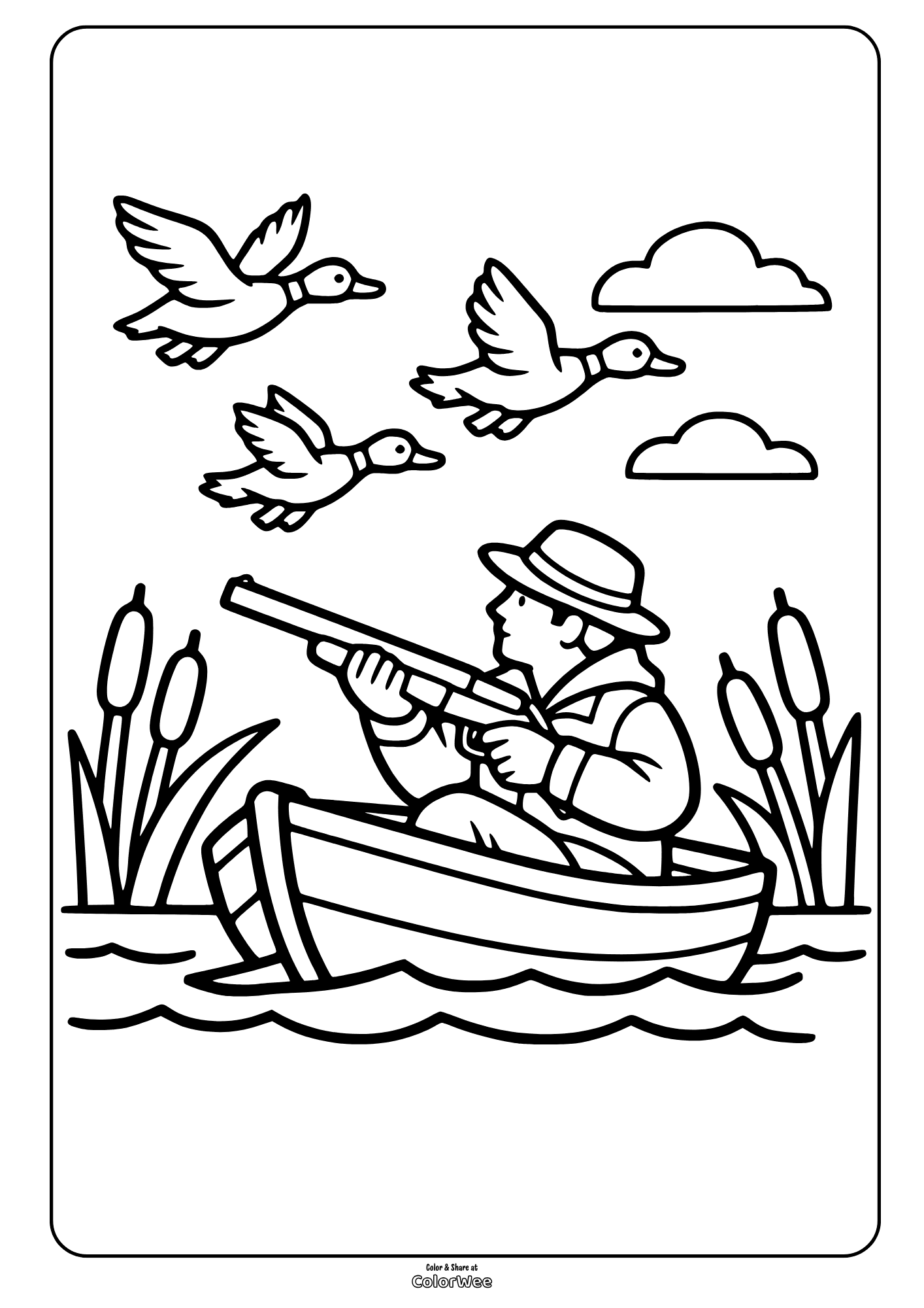 Duck hunting coloring page: hunter in boat with flying ducks on lake