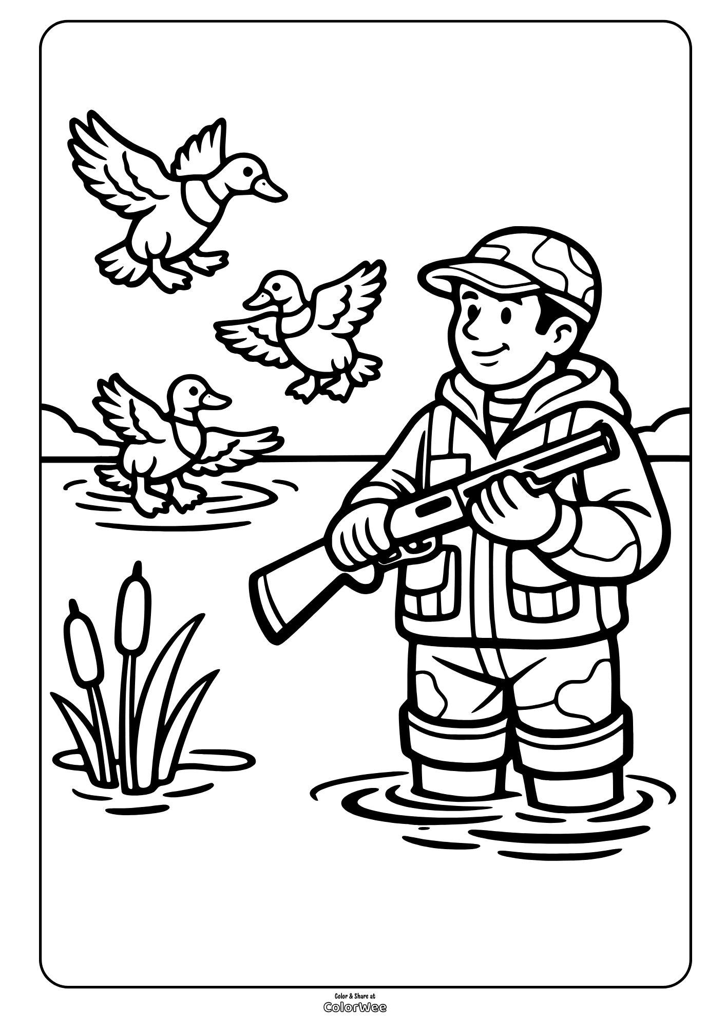 Duck hunting marsh scene coloring page with hunter and flying ducks