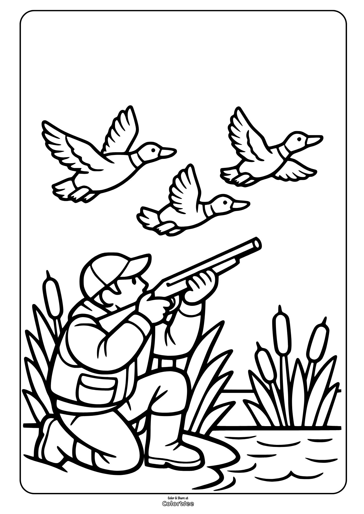 Duck hunting in marsh with flying ducks coloring page for kids
