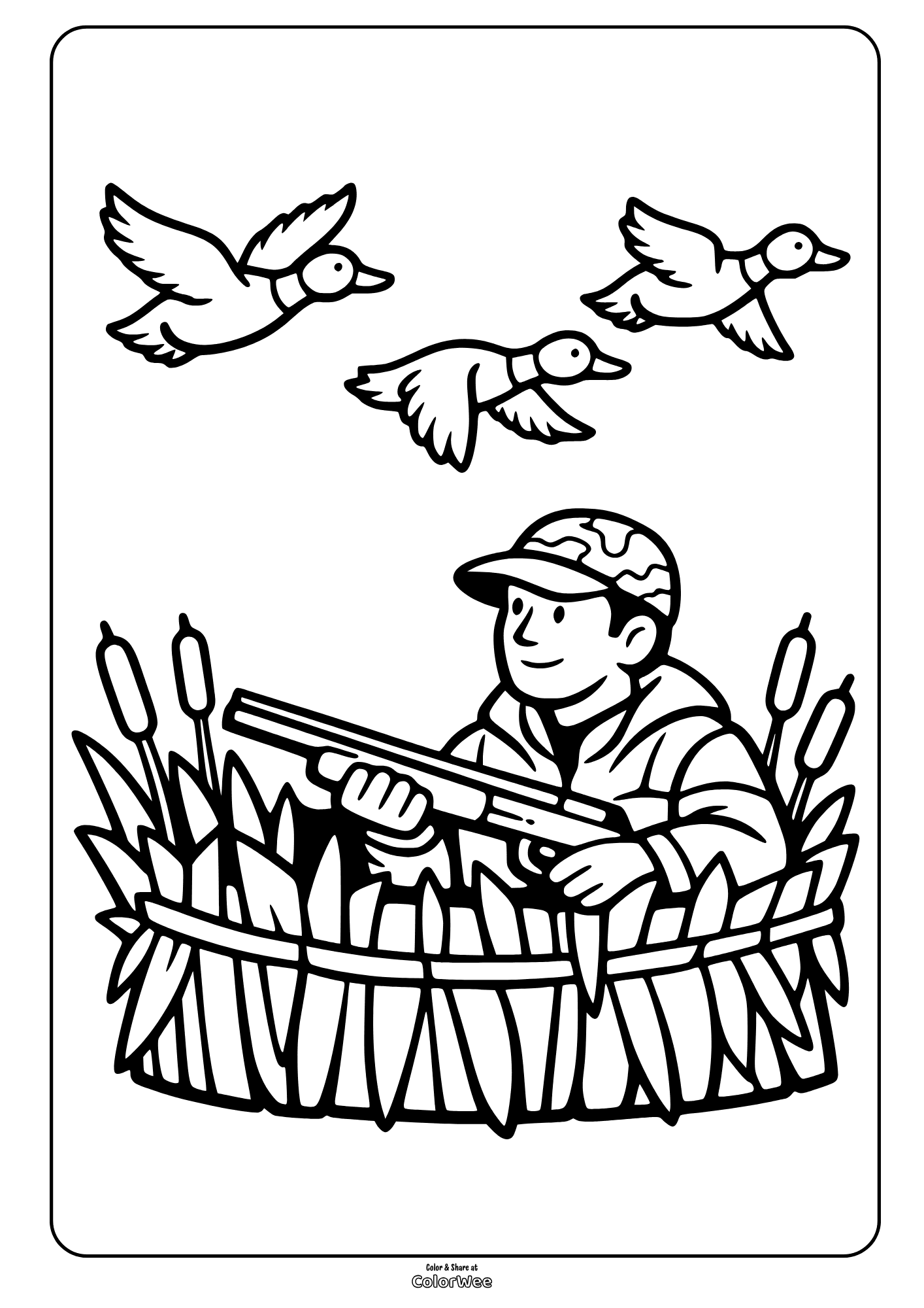 Duck hunter in blind with flying ducks and cattails coloring page