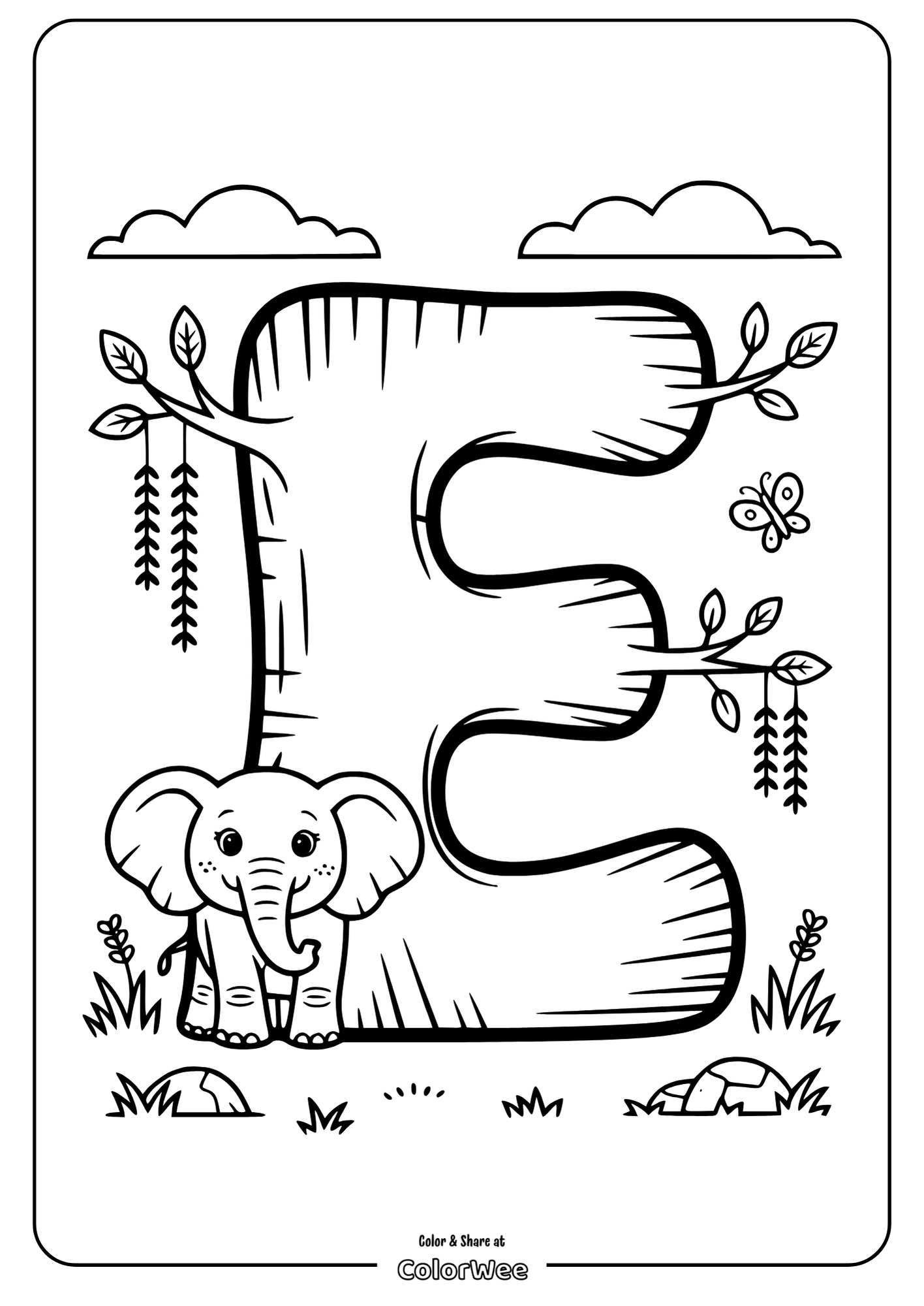 Elephant and letter E coloring page for kids.