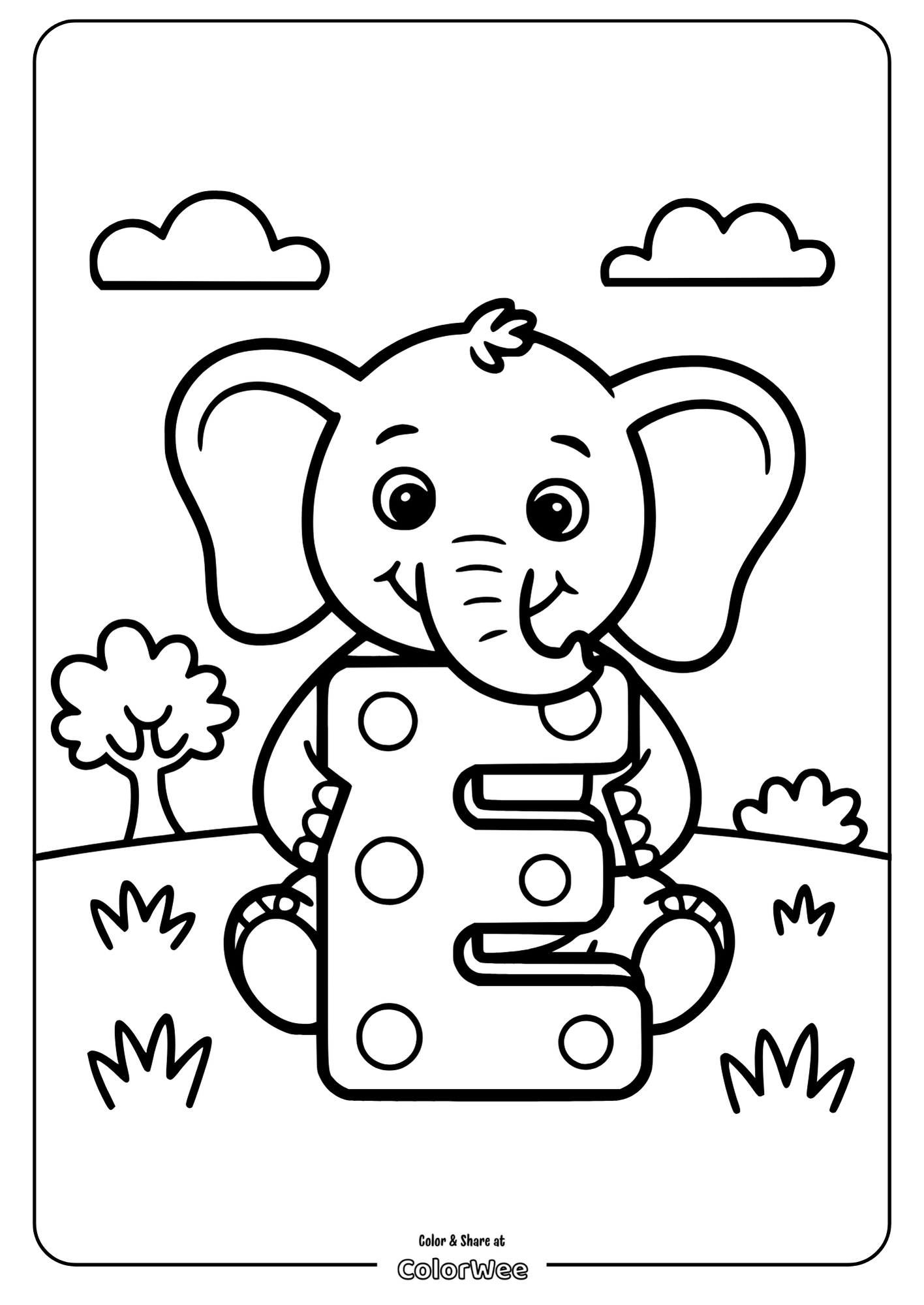 Cartoon elephant with letter E coloring page for kids.