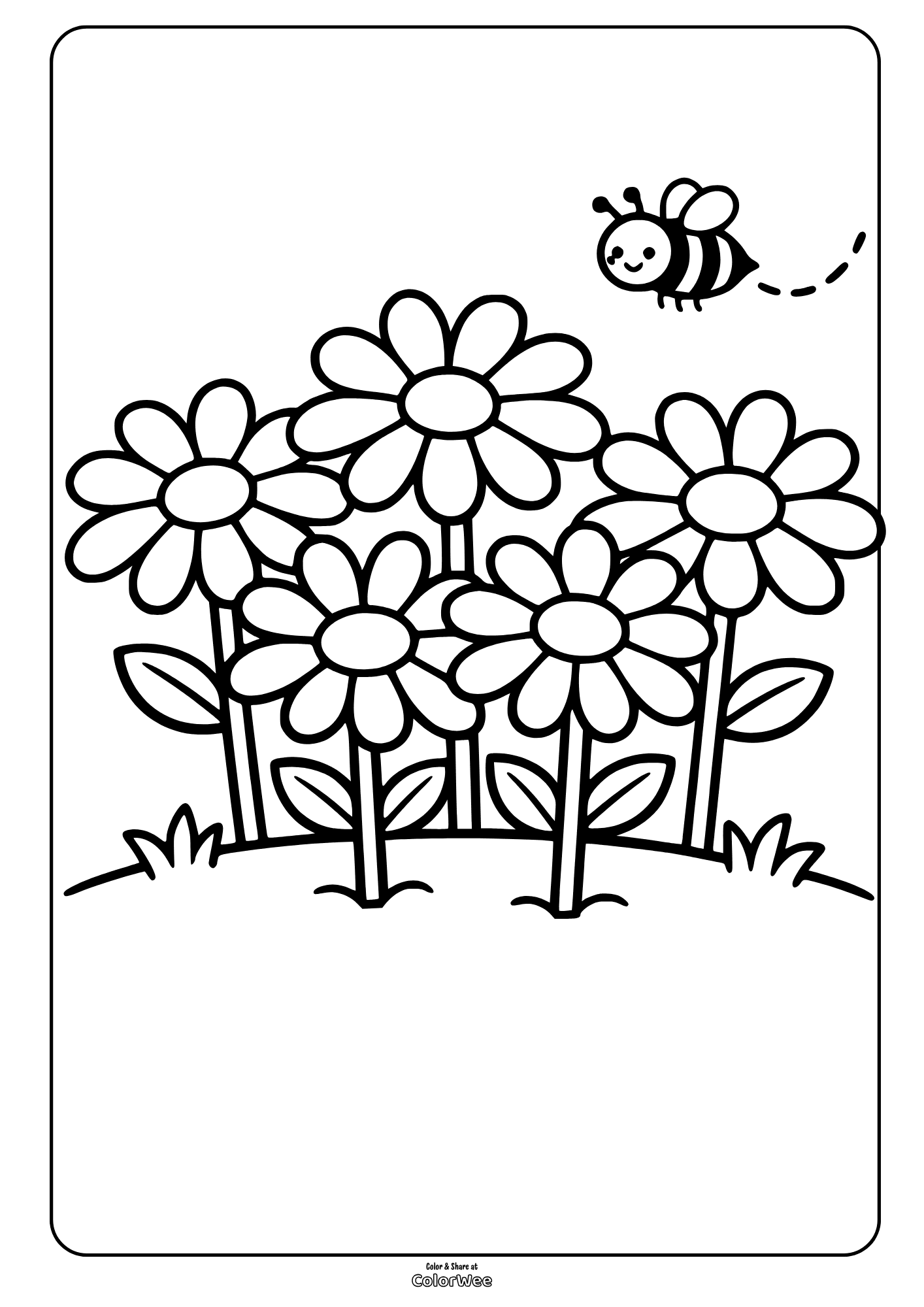 Spring daisies in the graden with buzzing bee coloring page for kids
