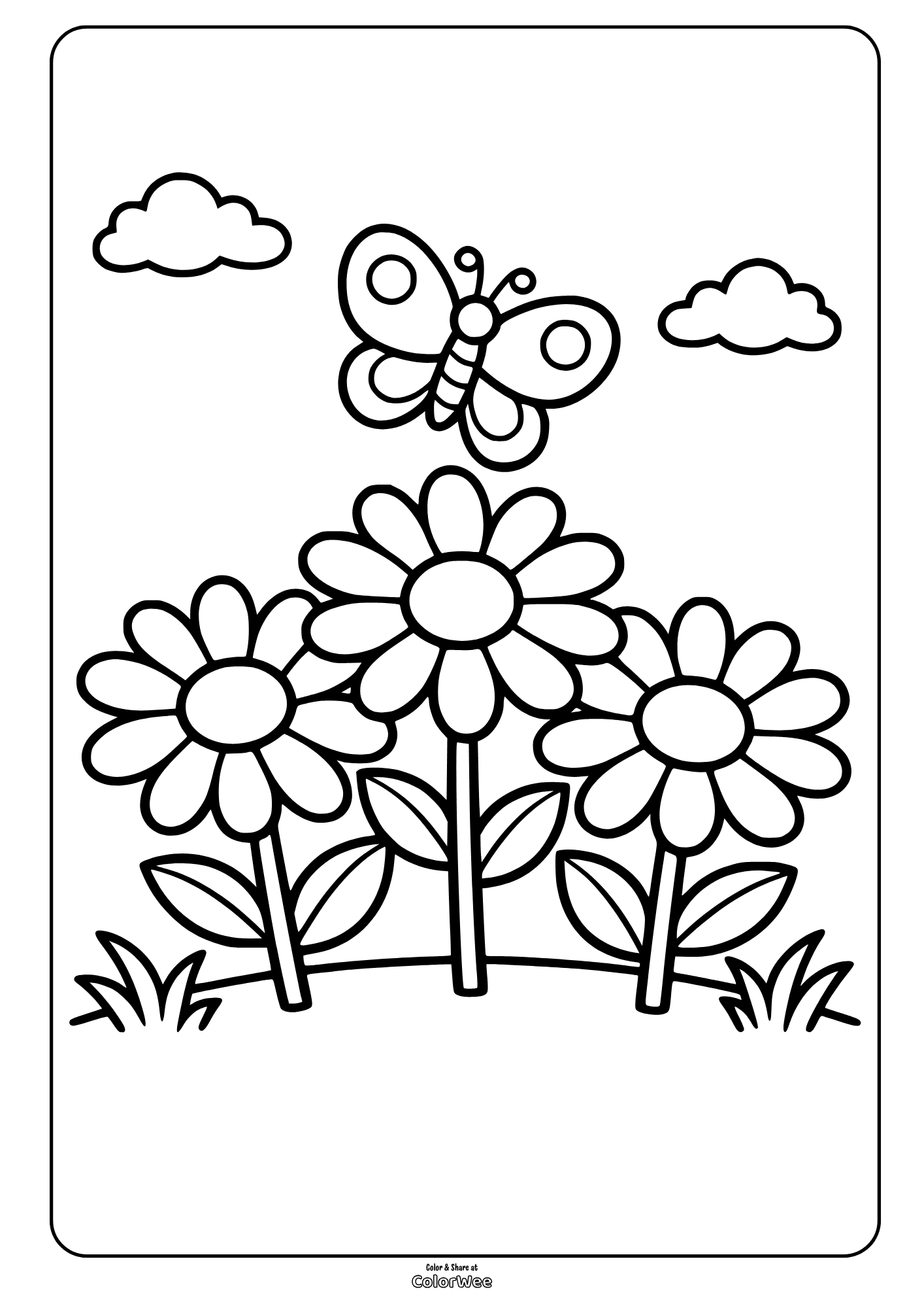 Butterfly and daisies - flower garden coloring page for kids