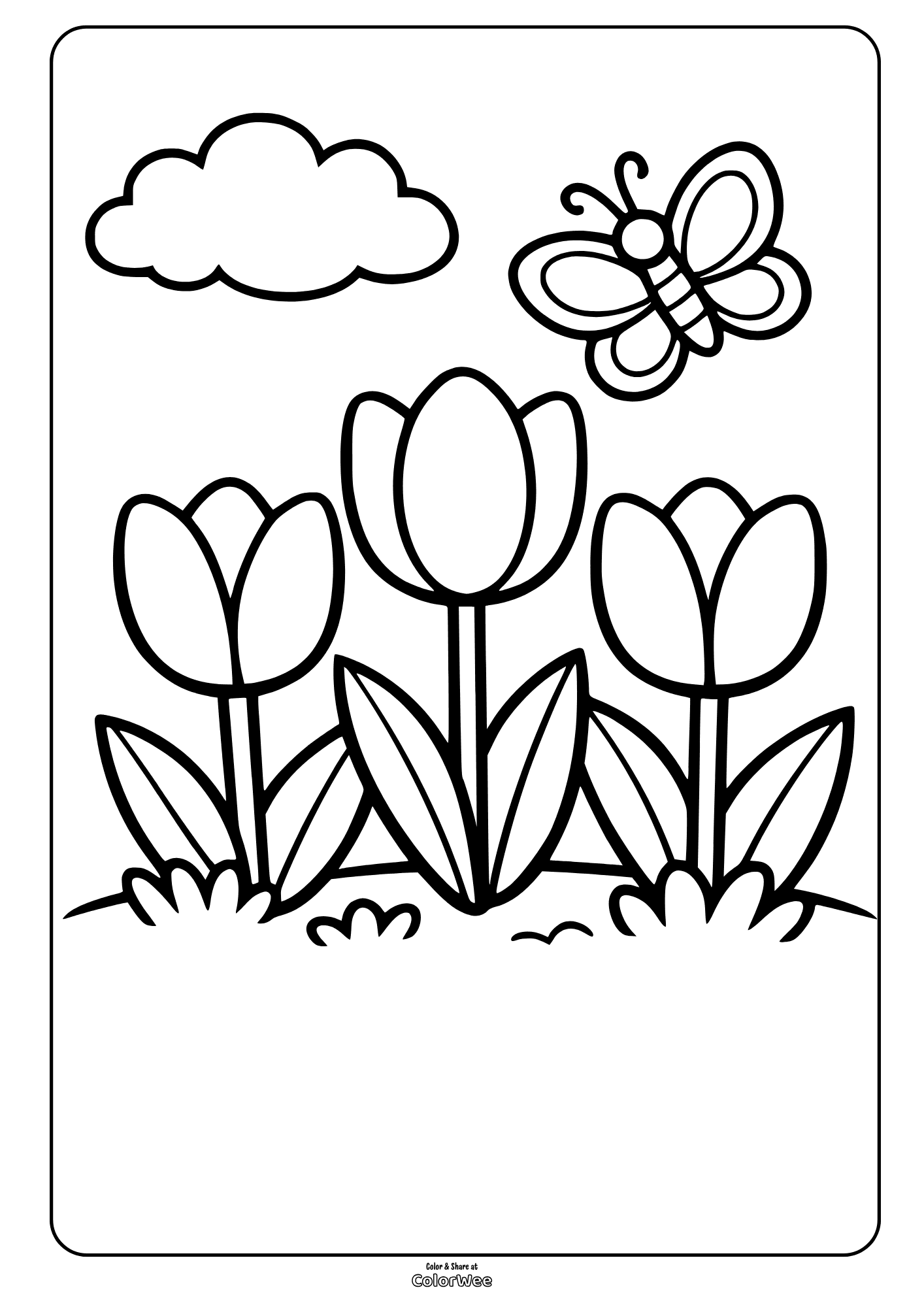 Tulip garden with butterfly coloring page .