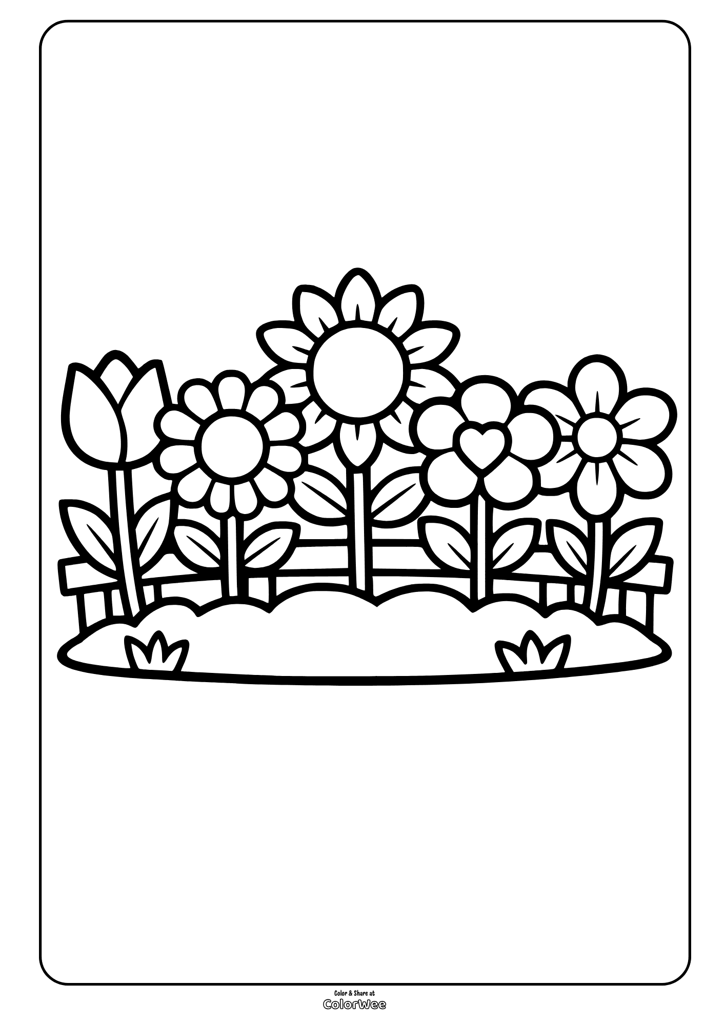 Flower garden coloring page with sunflowers, tulip, daisies and fence