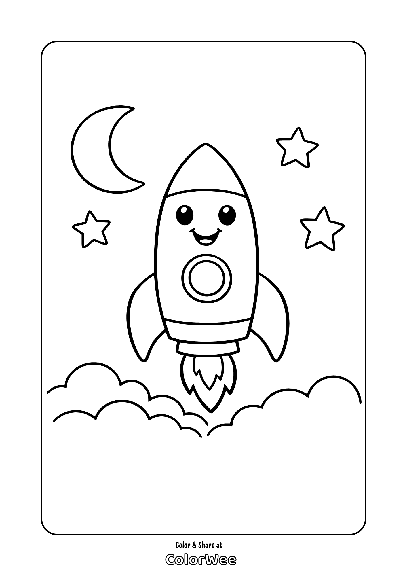 Smiling rocket ship with moon and stars coloring page for kids
