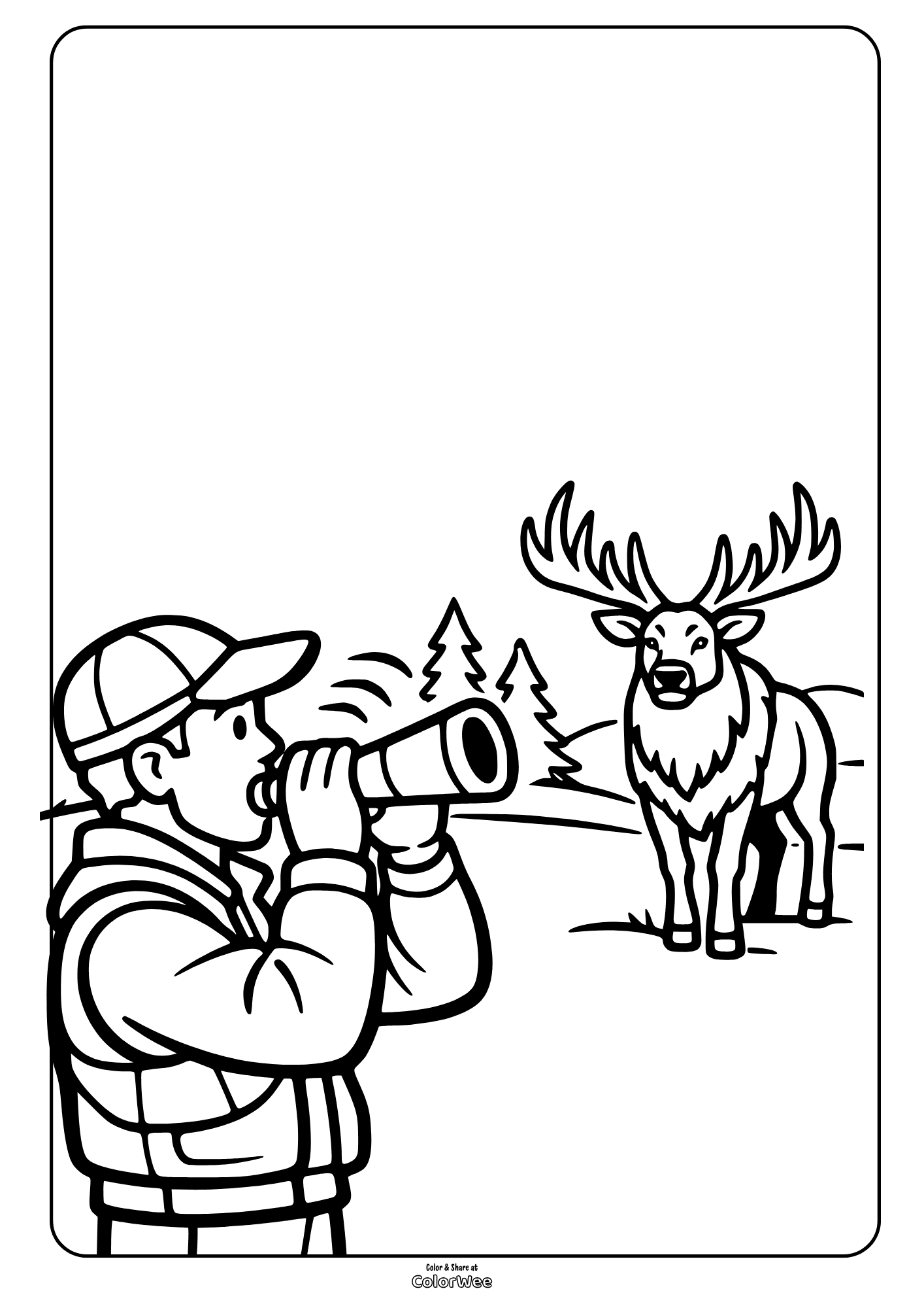 Bull elk and hunter with call in pine forest coloring page