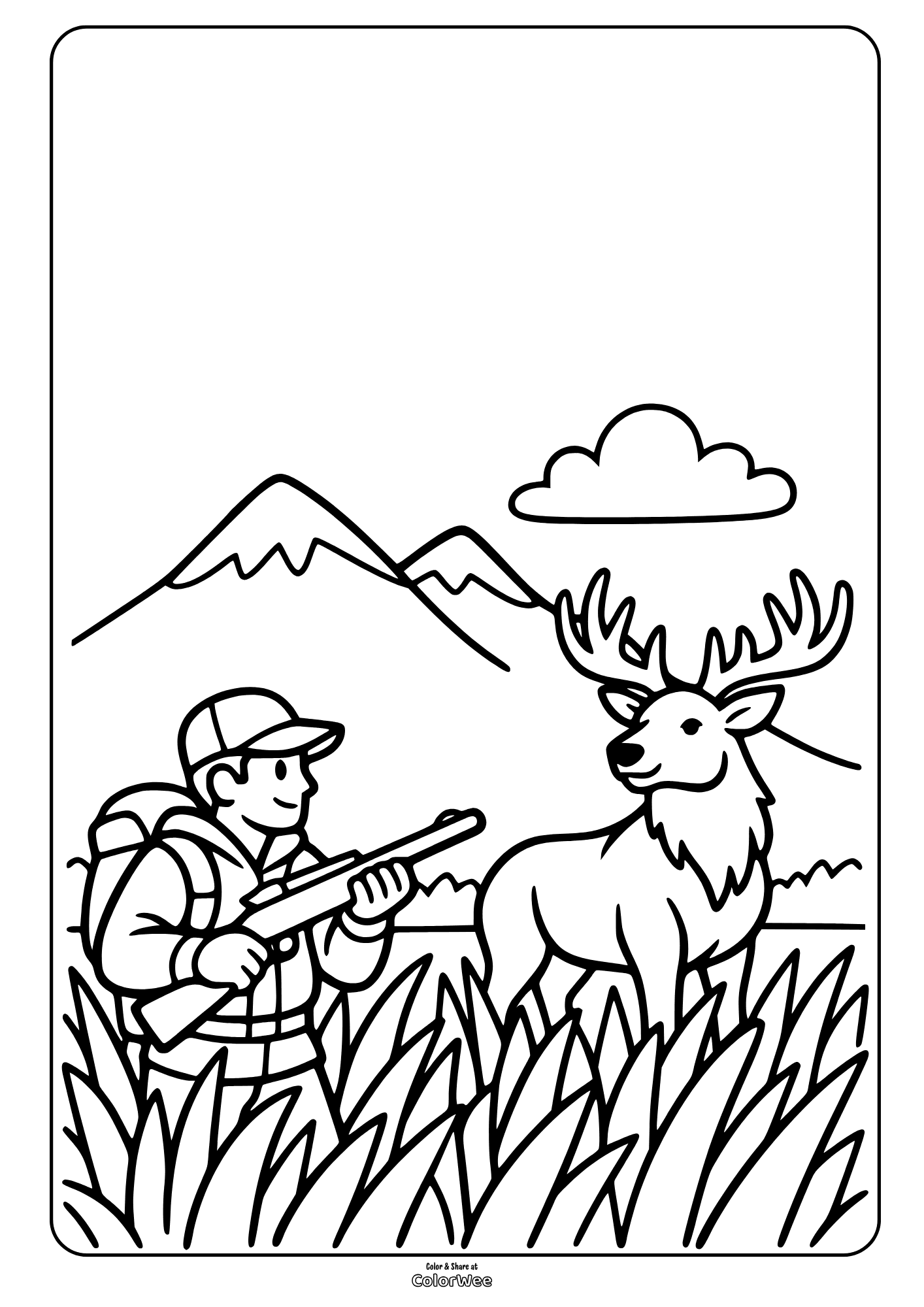 Hunter and deer in mountain meadow coloring page