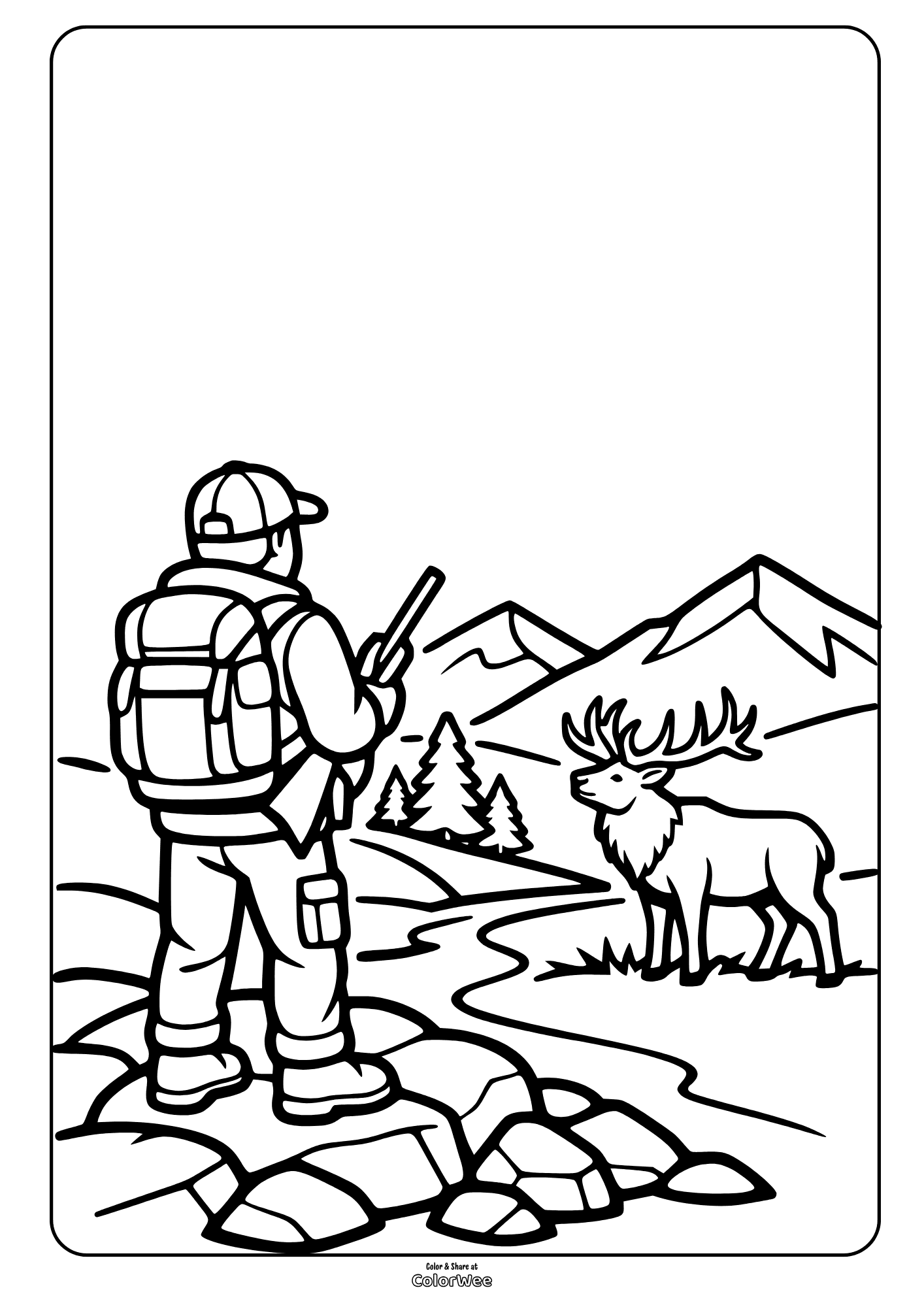 Hiker and deer in mountain landscape coloring page